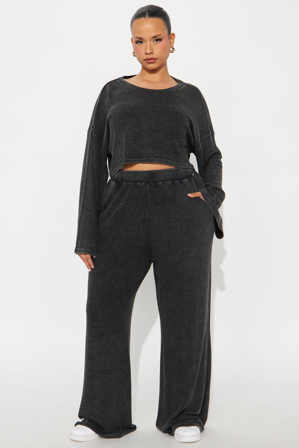 Makayla Waffle Pant Set - Charcoal