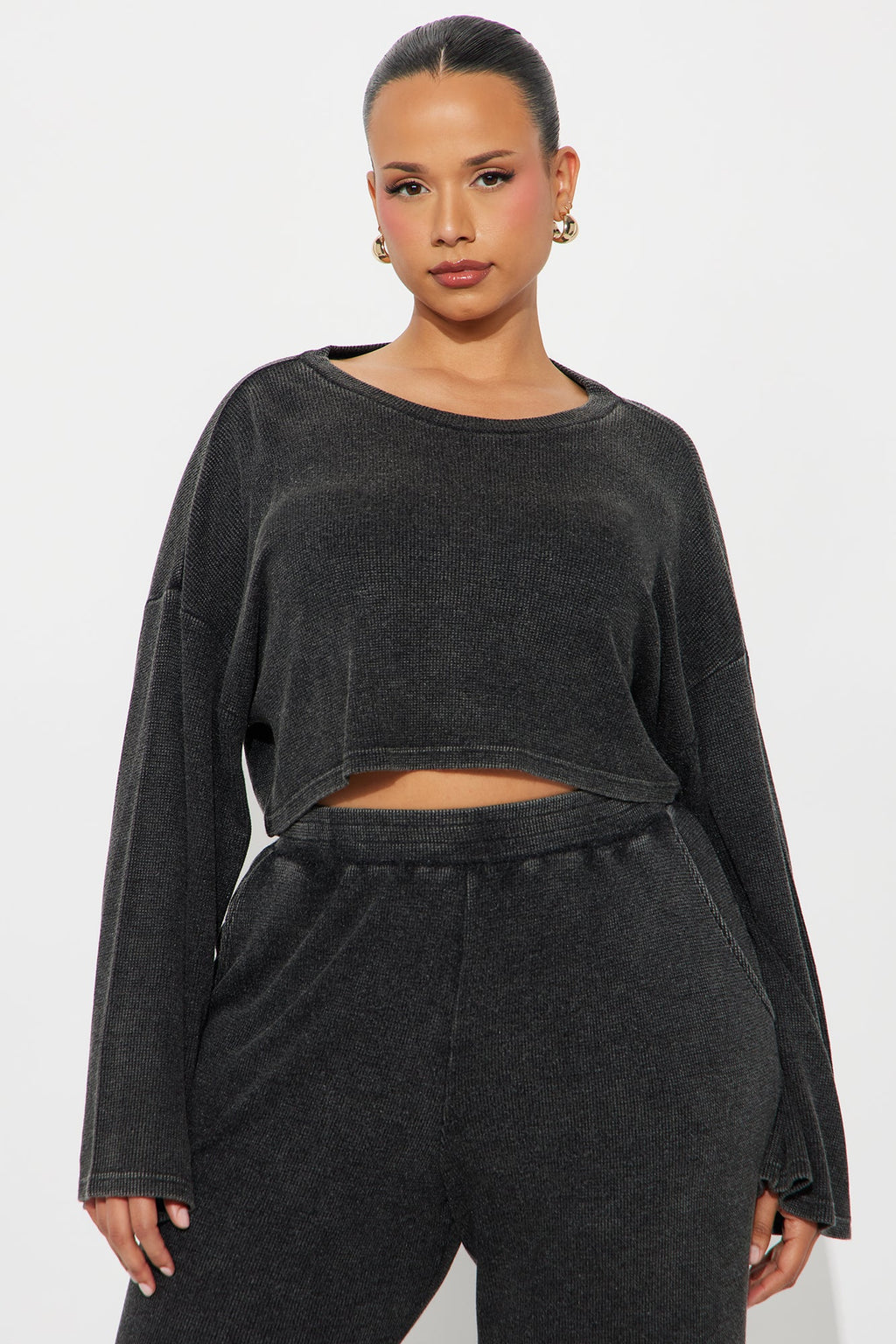Makayla Waffle Pant Set - Charcoal