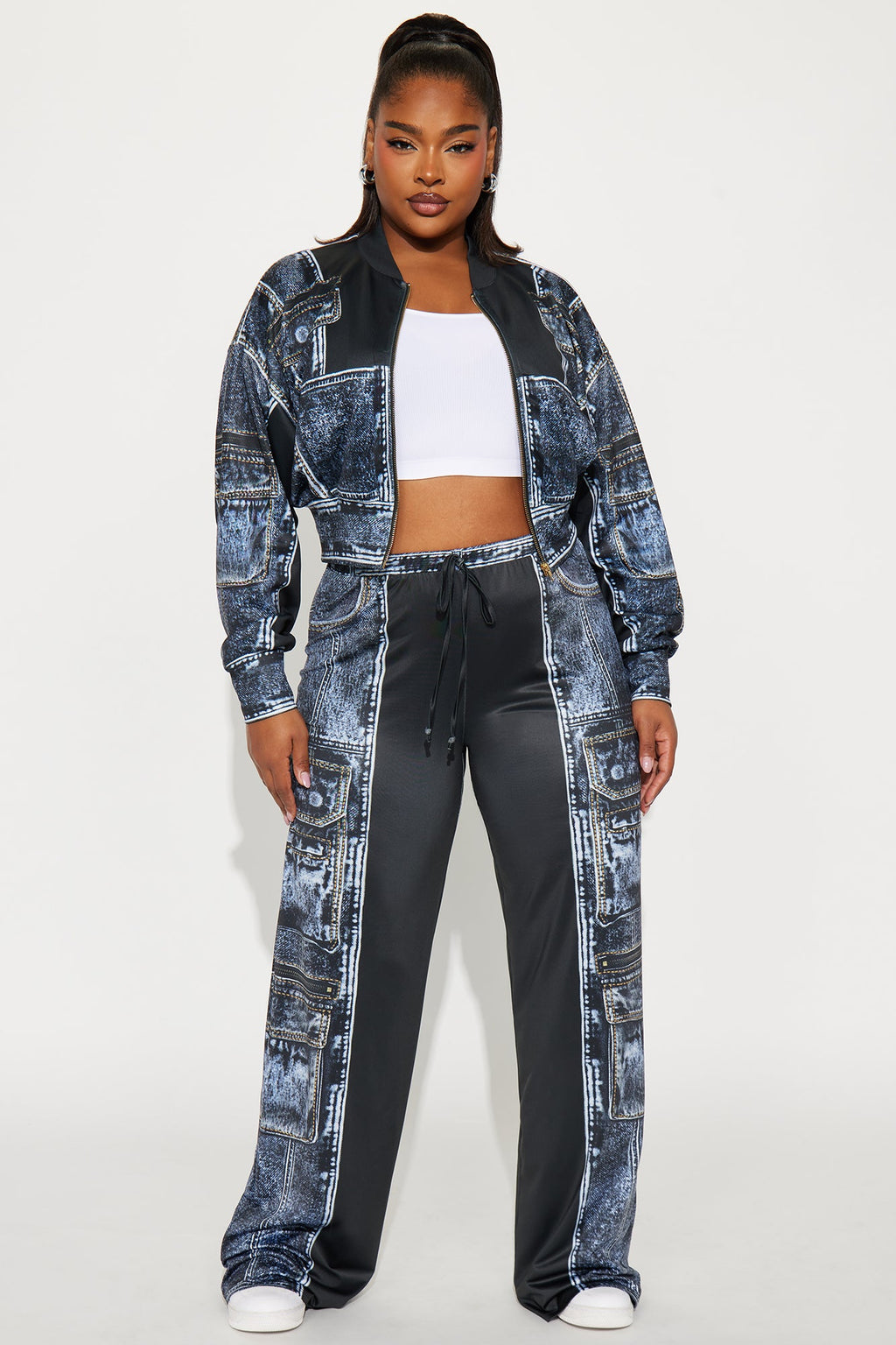 Give Me Details Denim Print Jacket Pant Set - Black/combo 