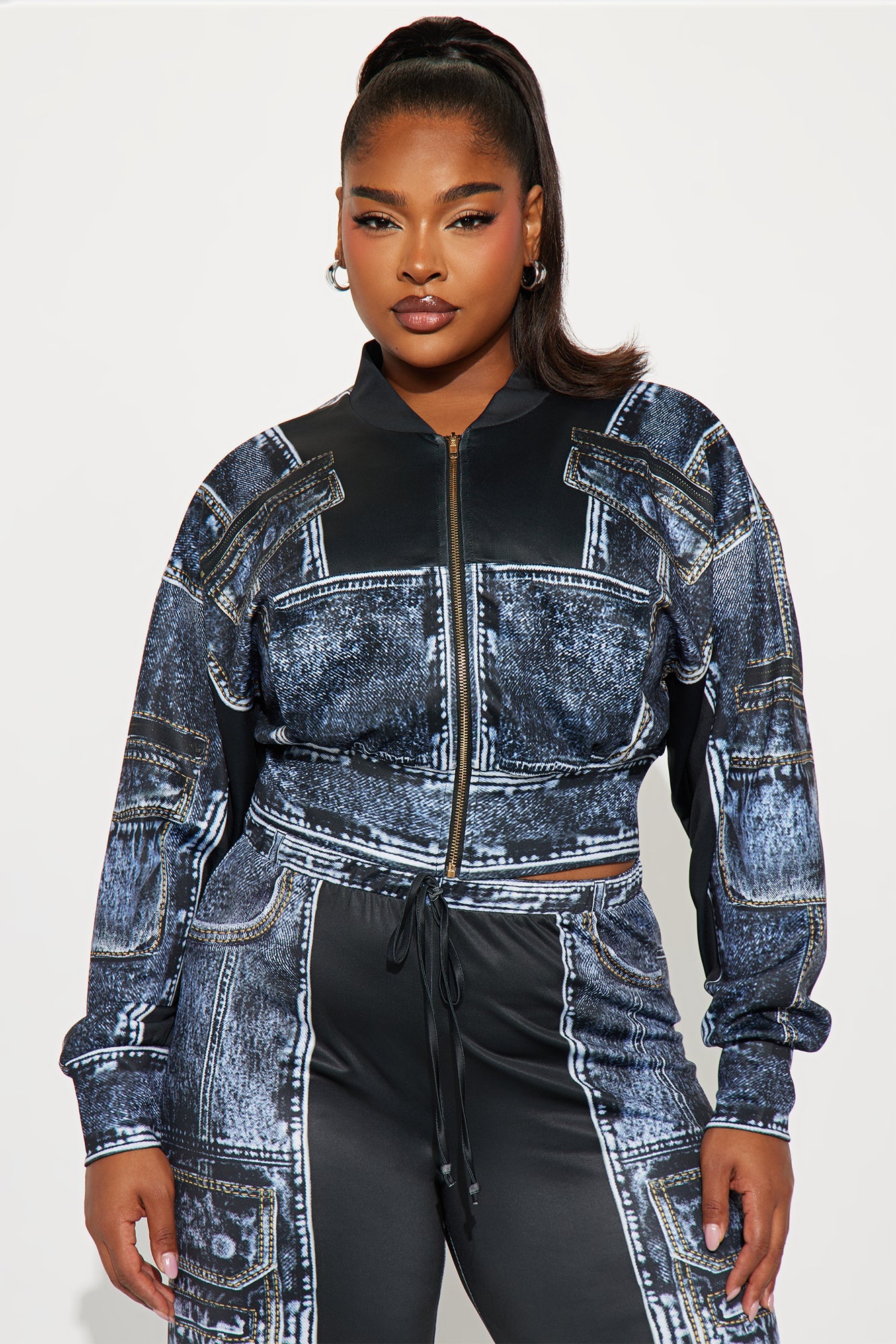 Give Me Details Denim Print Jacket Pant Set - Black/combo 
