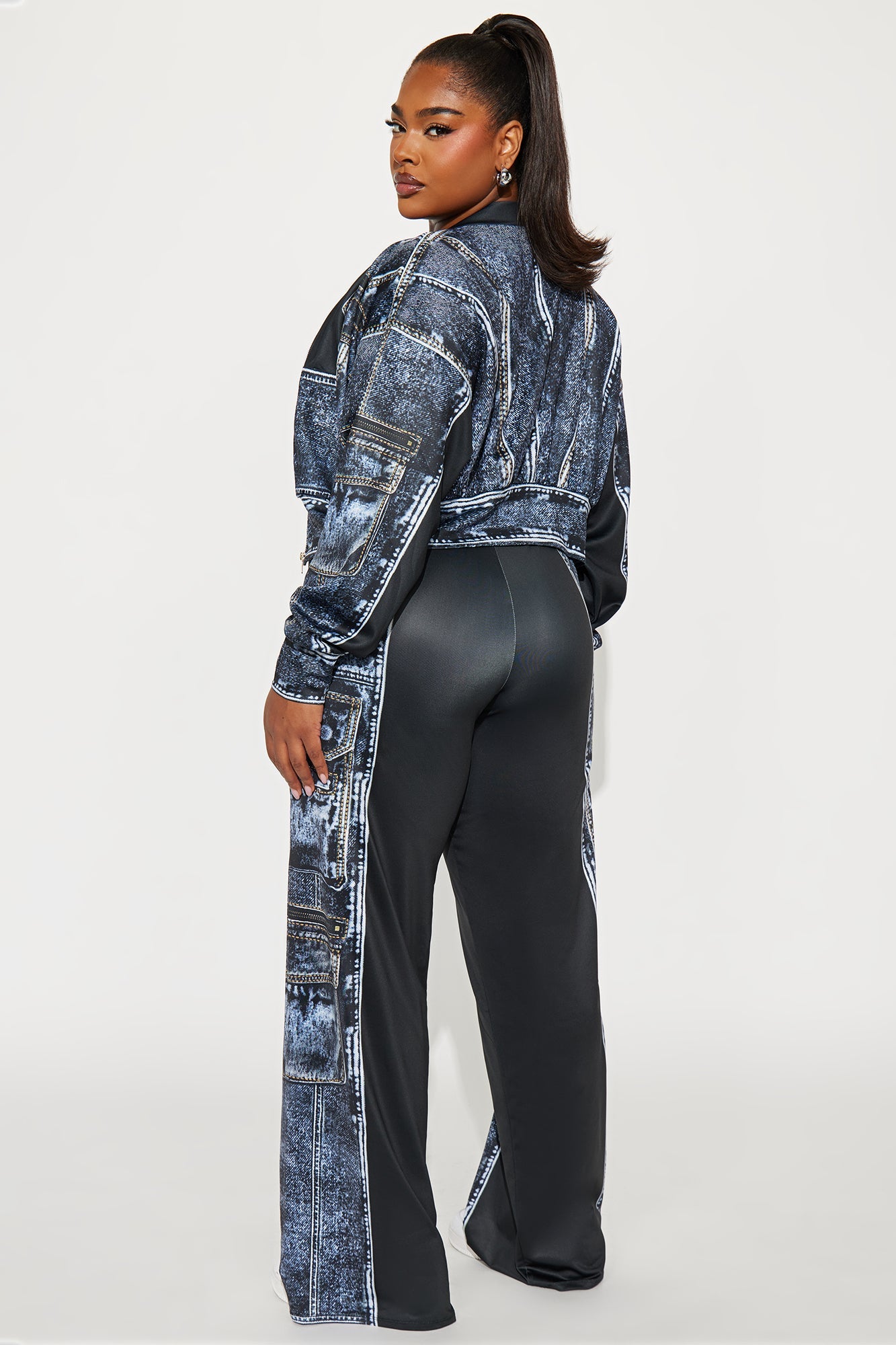 Give Me Details Denim Print Jacket Pant Set - Black/combo 