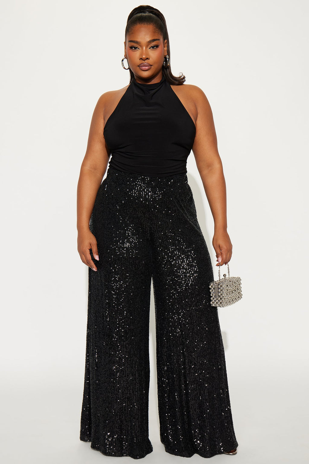 Champagne Wishes Sequin Wide Leg Pant 32″ - Black