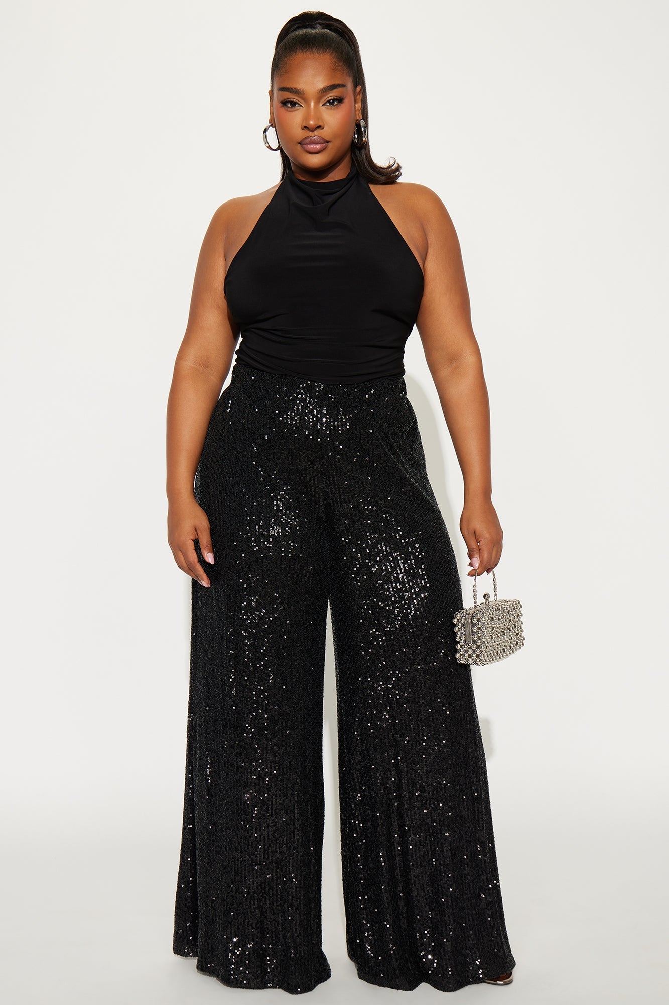Champagne Wishes Sequin Wide Leg Pant 32″ - Black