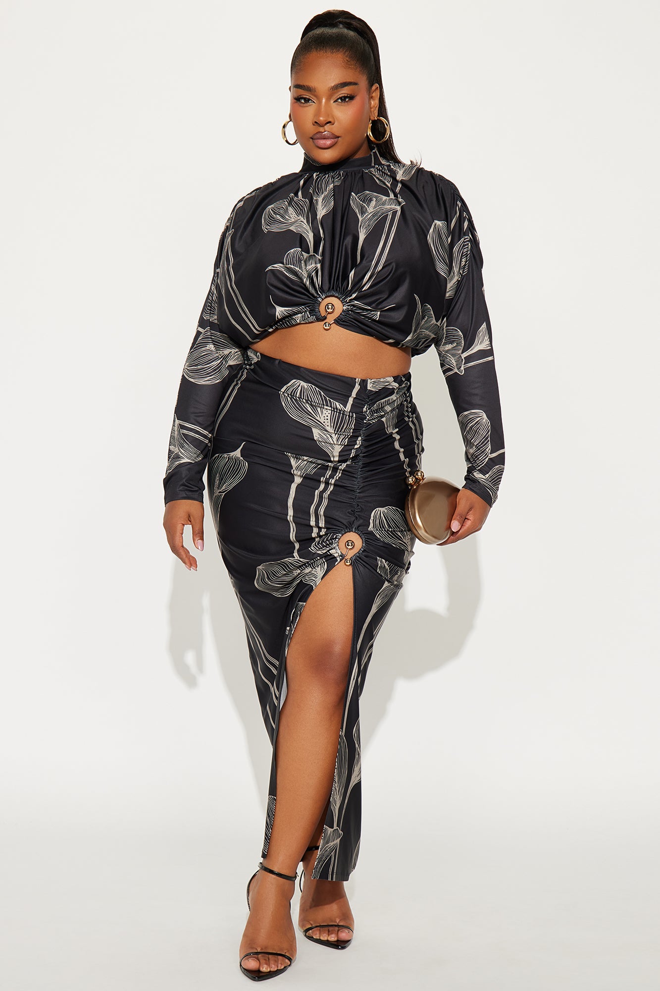 Verona Floral Long Sleeve Midi Skirt Set - Black/combo