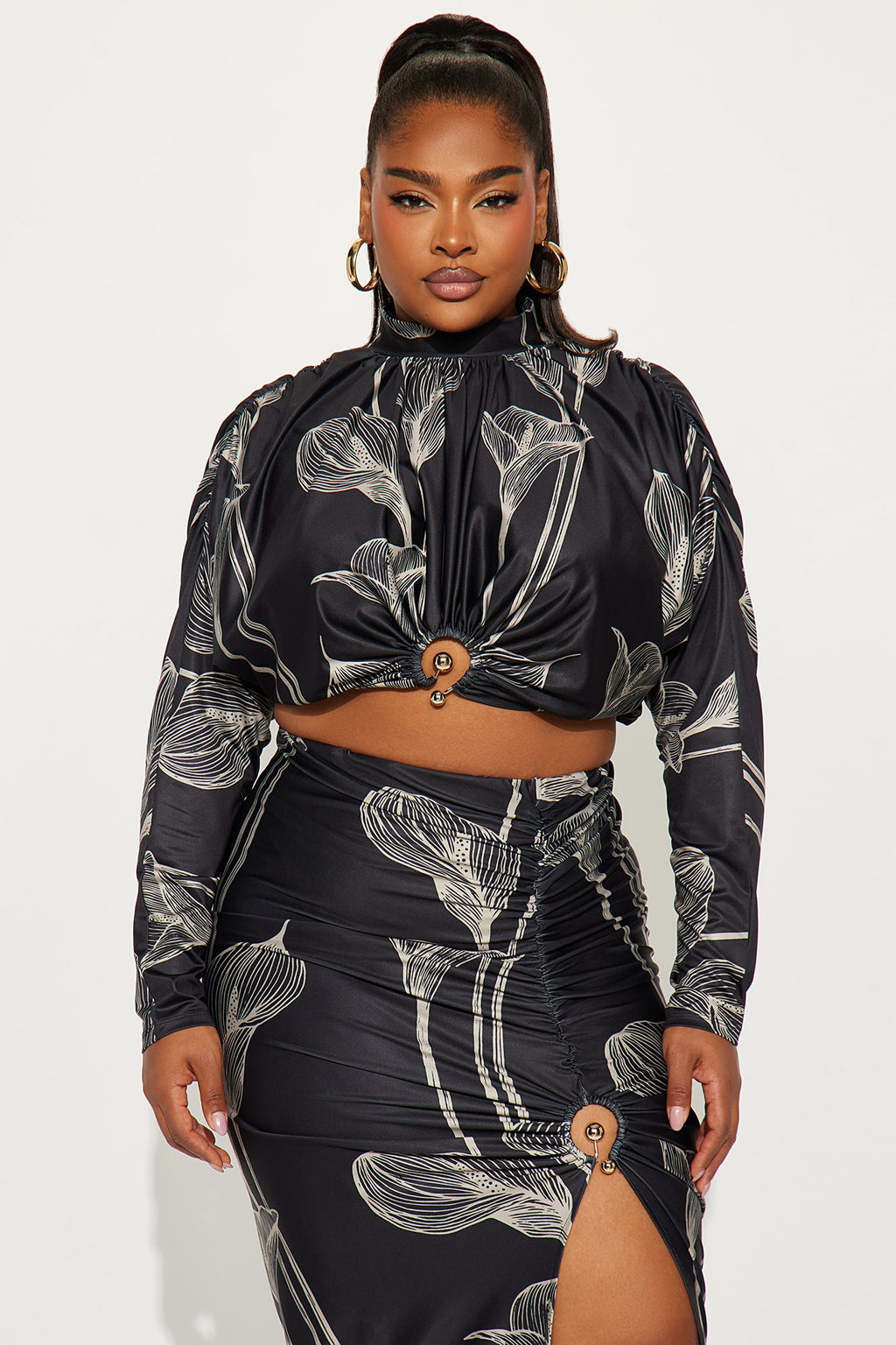 Verona Floral Long Sleeve Midi Skirt Set - Black/combo