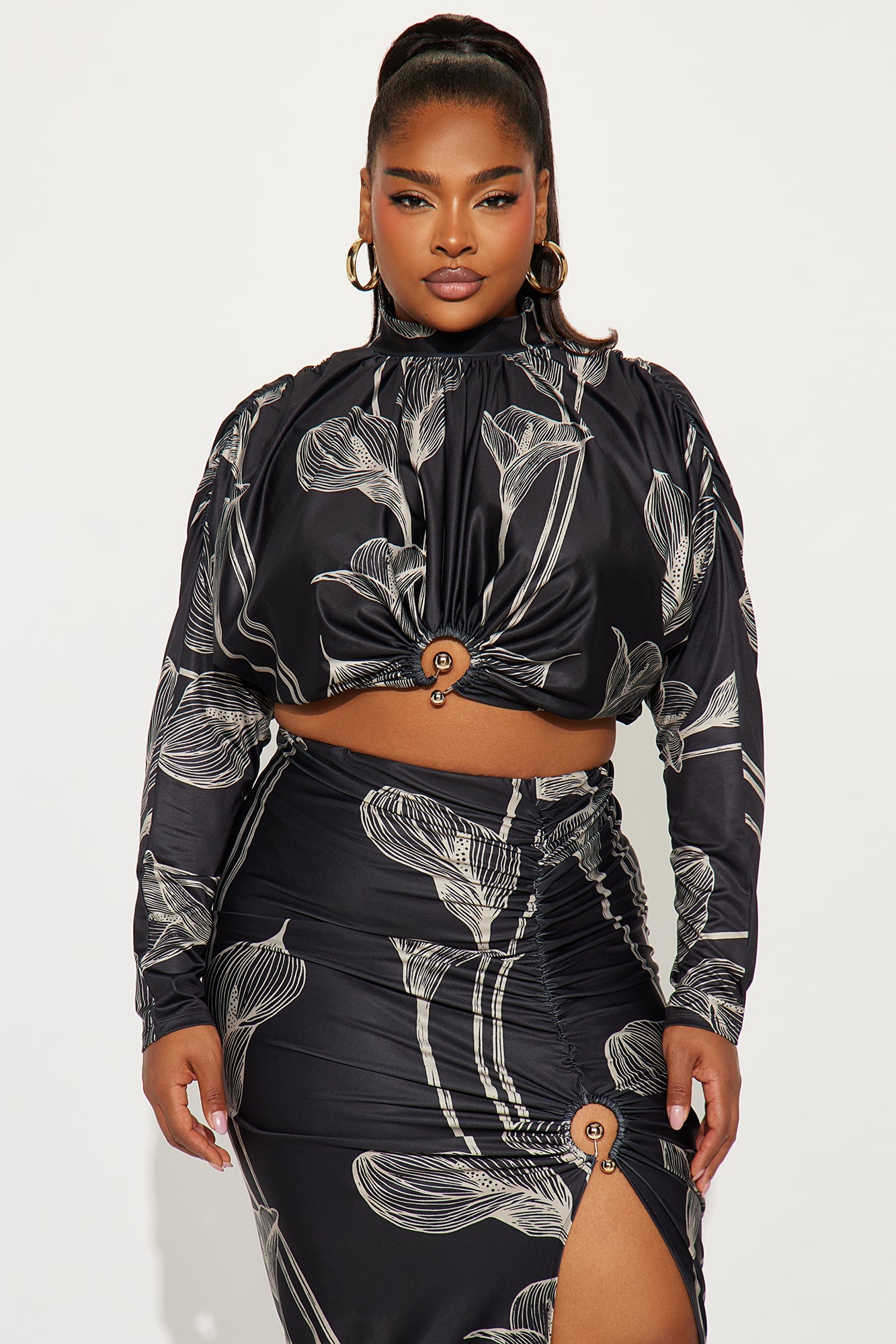 Verona Floral Long Sleeve Midi Skirt Set - Black/combo