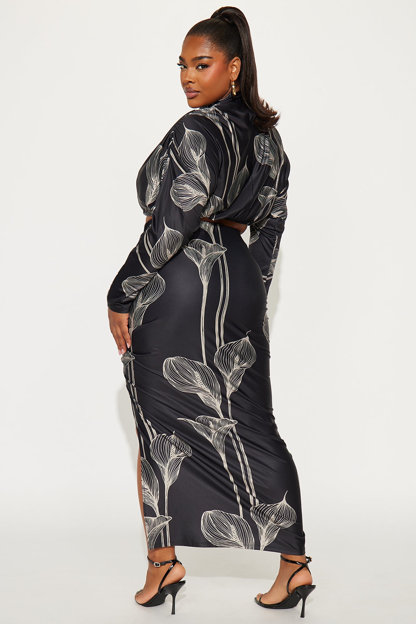 Verona Floral Long Sleeve Midi Skirt Set - Black/combo