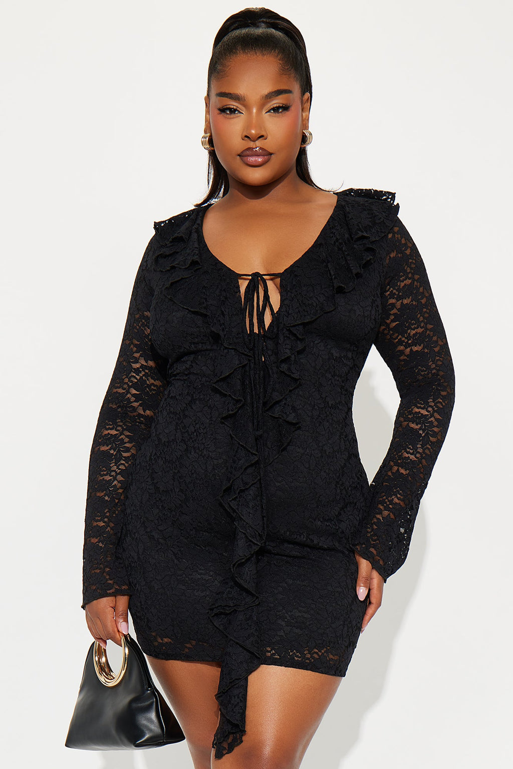 Amelia Lace Long Sleeve Mini Dress - Black
