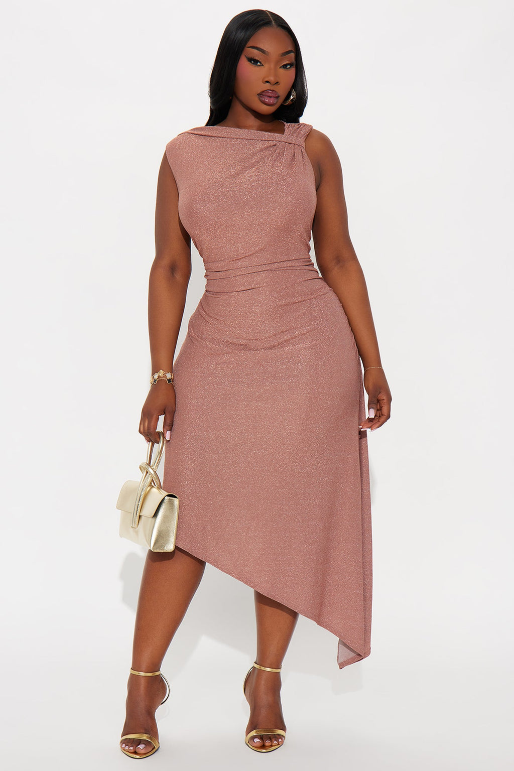 Set To Sparkle Asymmetrical Metallic Midi Dress - Rose