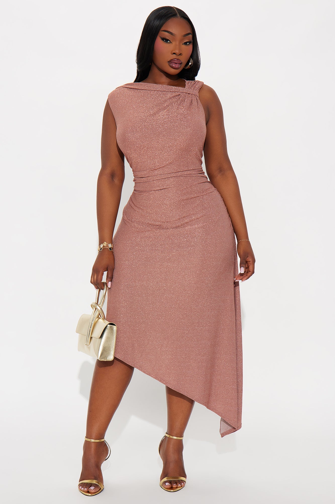 Set To Sparkle Asymmetrical Metallic Midi Dress - Rose