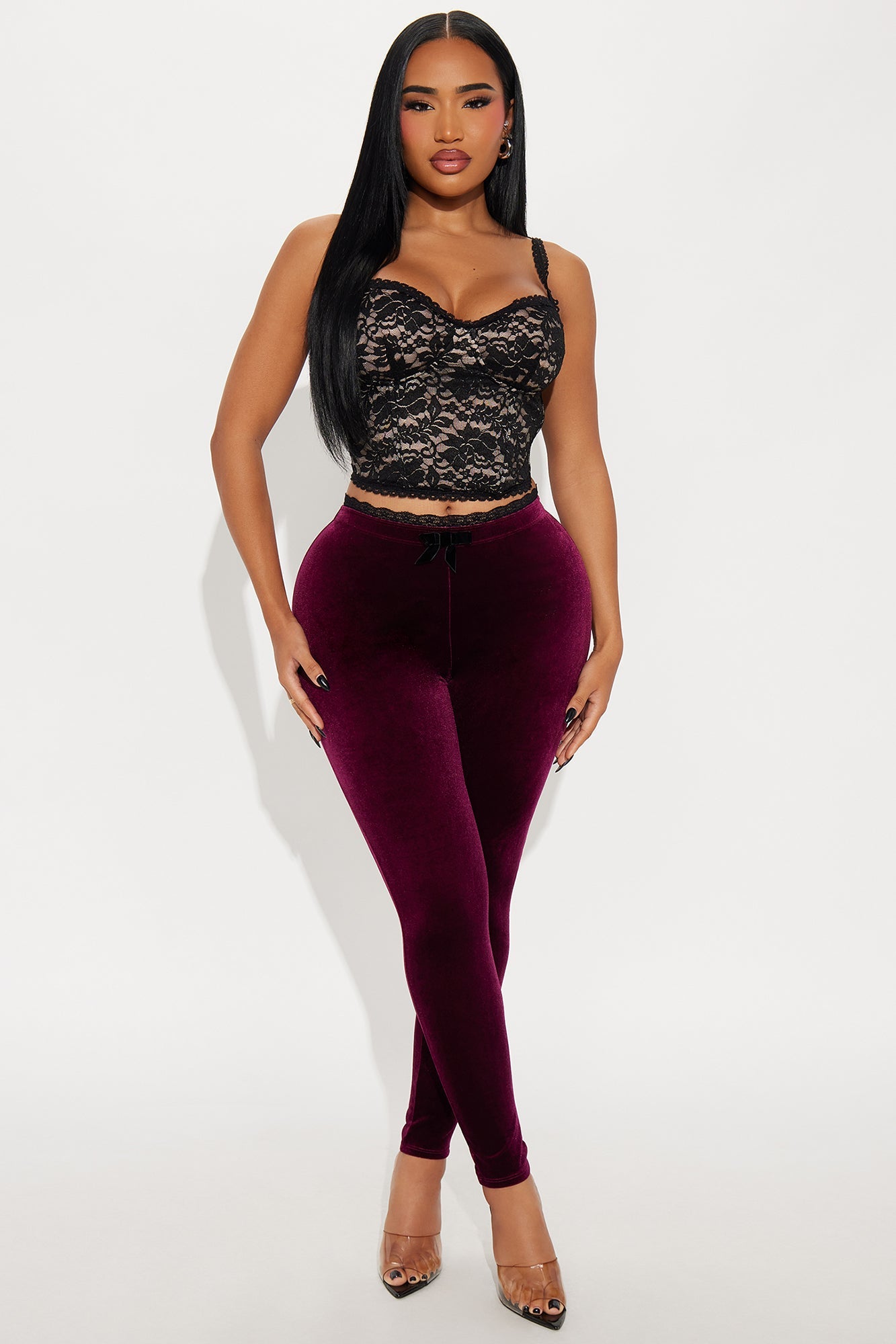 Valentina Solid Lace Trim Velvet Legging - Burgundy