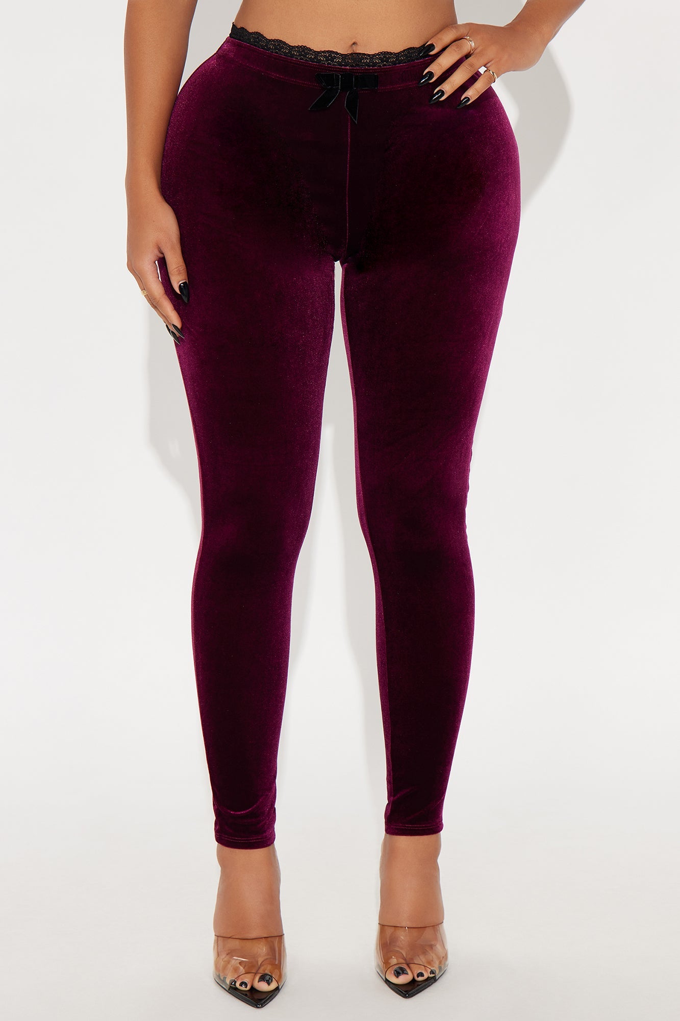 Valentina Solid Lace Trim Velvet Legging - Burgundy