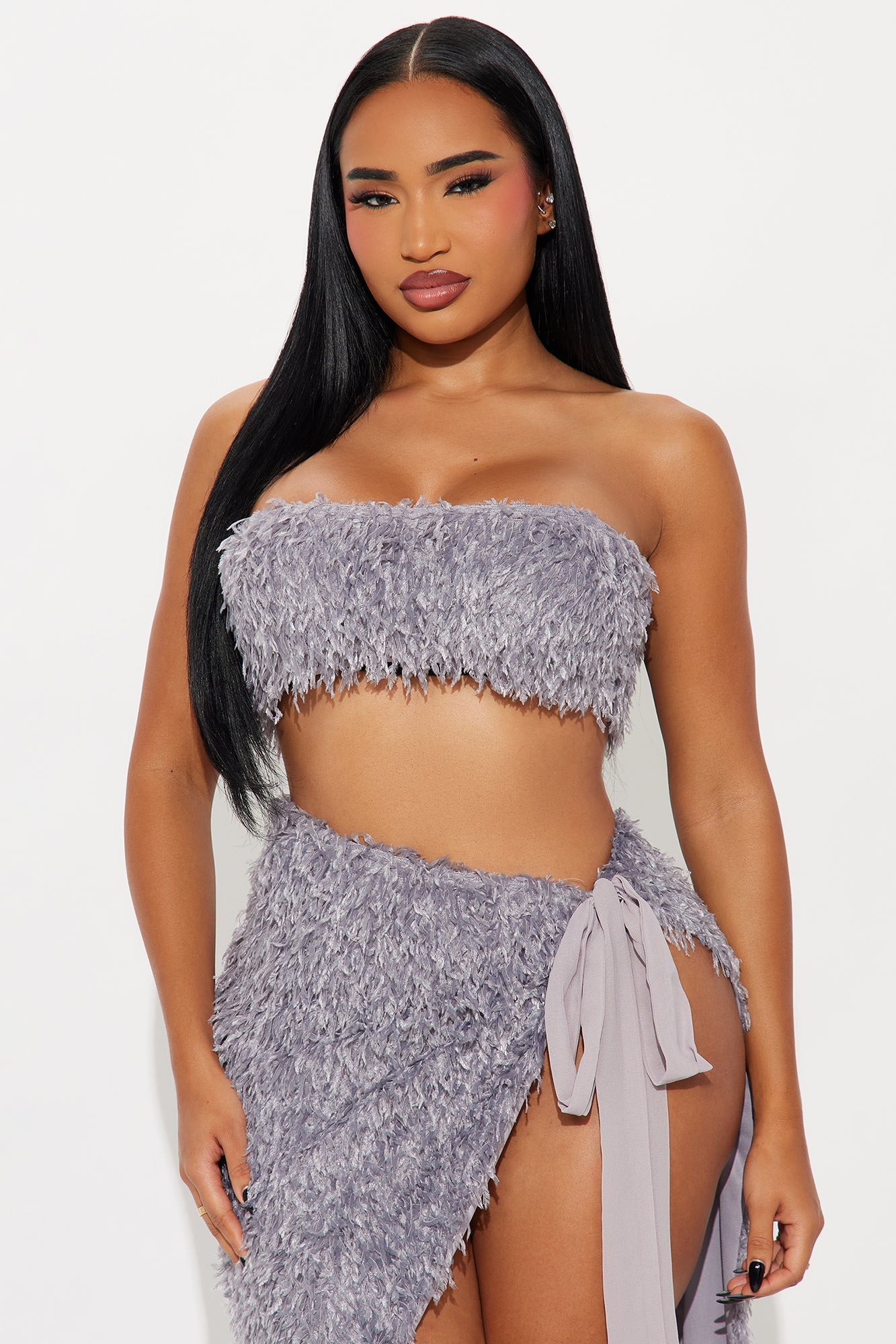 Flirt And Flair Feather Maxi Skirt Set - Grey