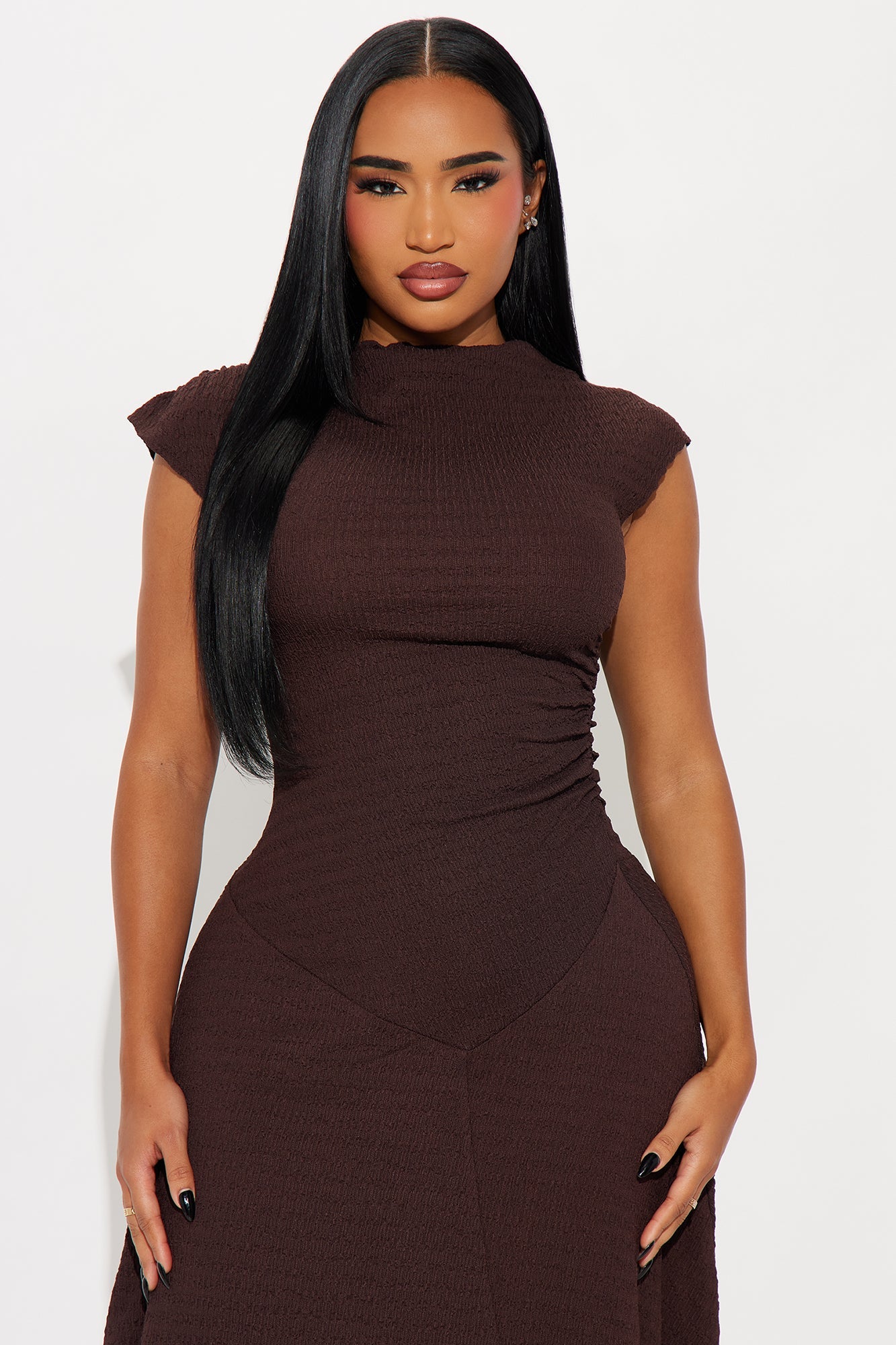 Kalina Textured Midi Dress - Brown