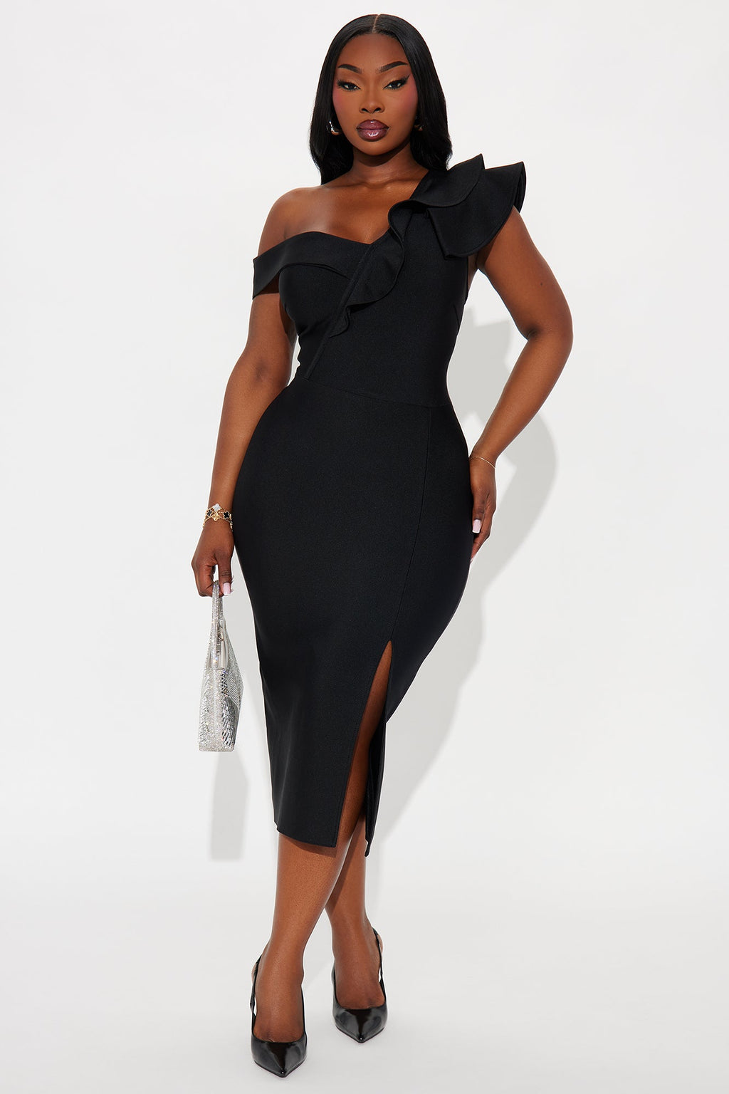 Riley Ruffle Bandage Midi Dress - Black