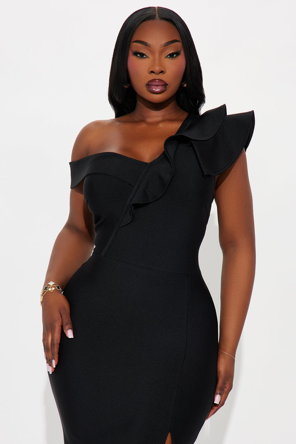 Riley Ruffle Bandage Midi Dress - Black