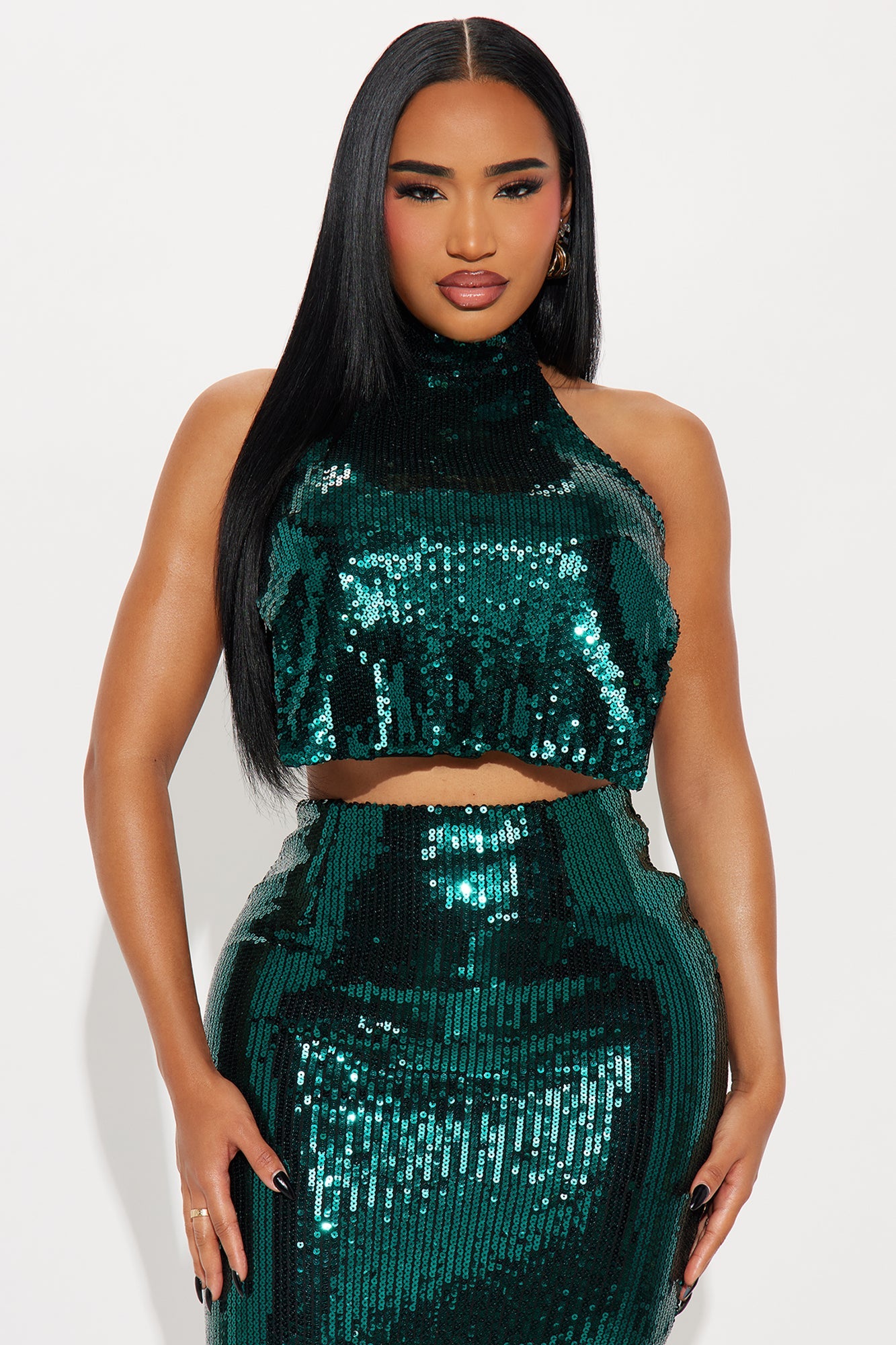 Khloe Sequin Halter Maxi Skirt Set - Hunter