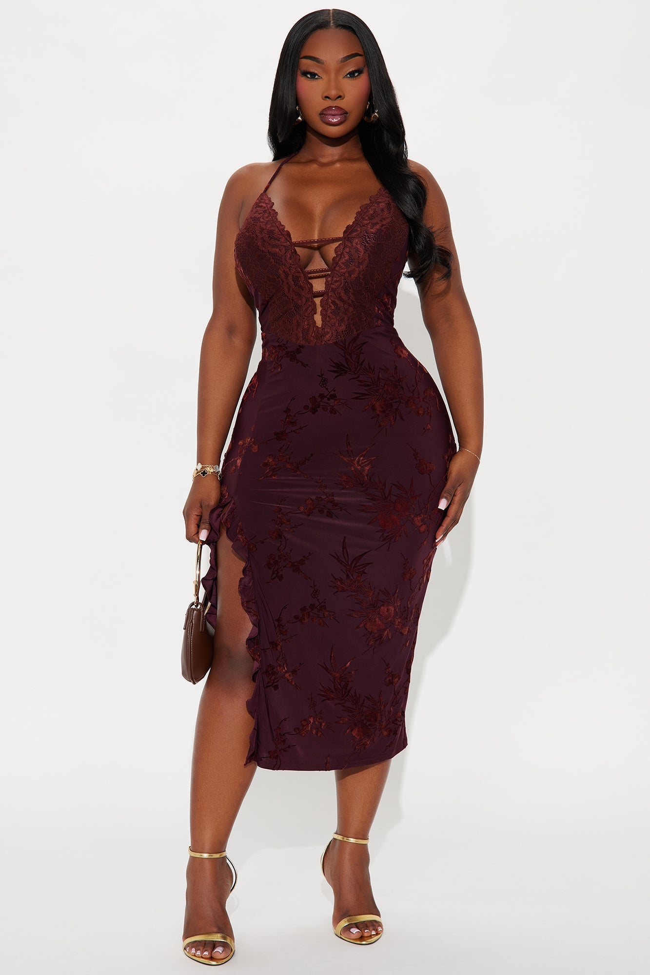 Kyla Flocked Mesh Midi Dress - Burgundy