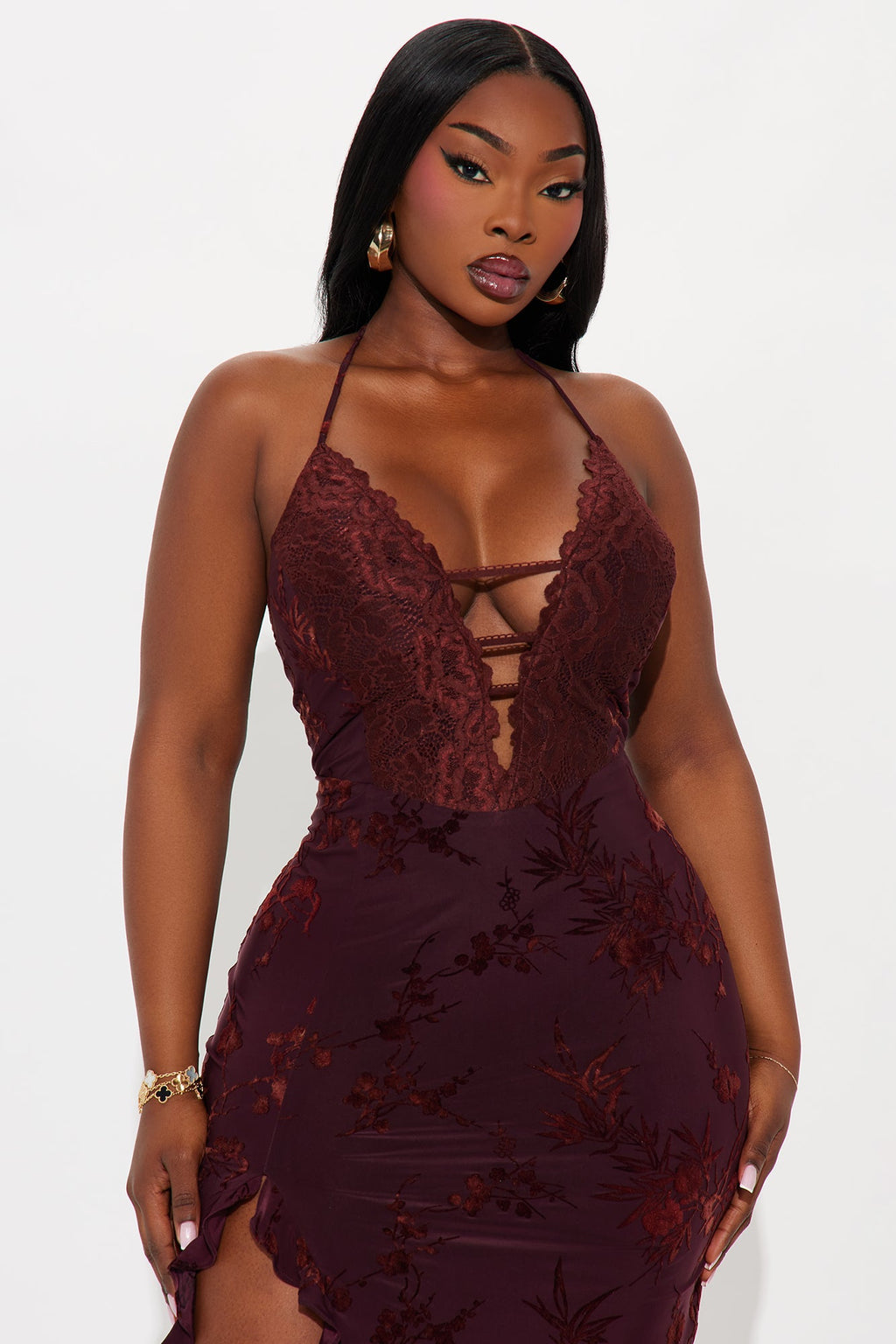 Kyla Flocked Mesh Midi Dress - Burgundy