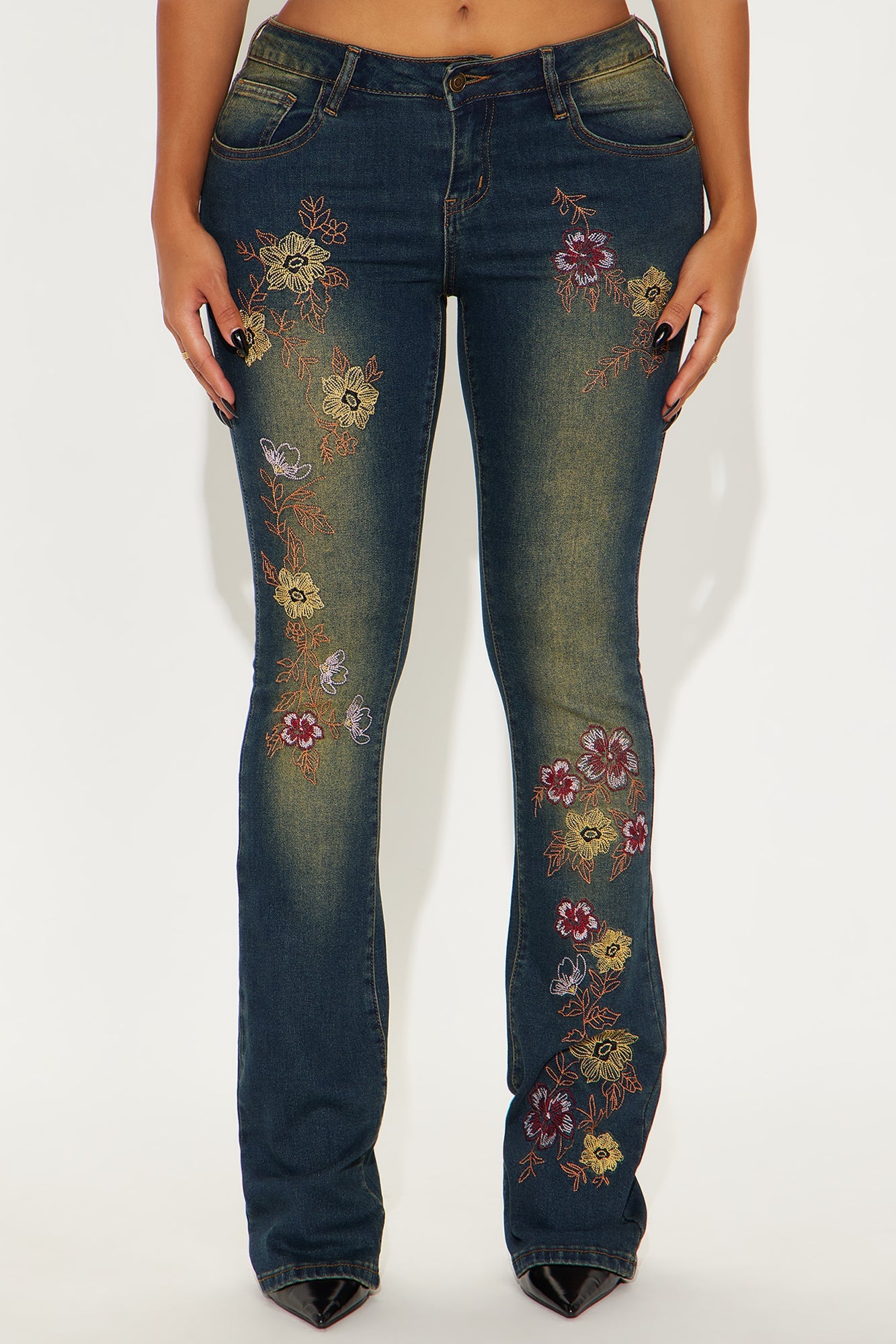 In Bloom Embroidered Low Rise Bootcut Jeans - Dark Wash