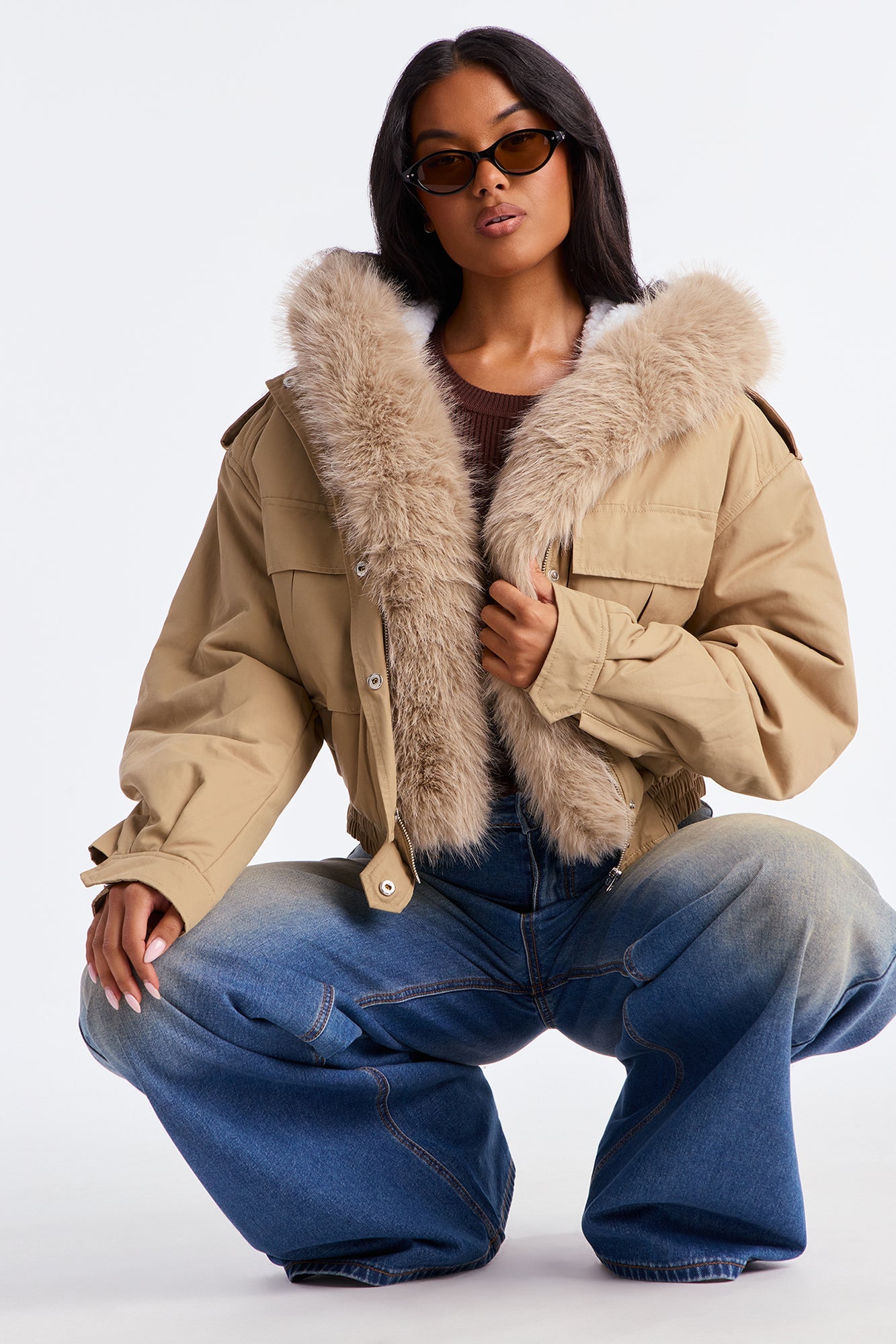 Burr Effect Cropped Fur Trim Puffer Jacket - Khaki