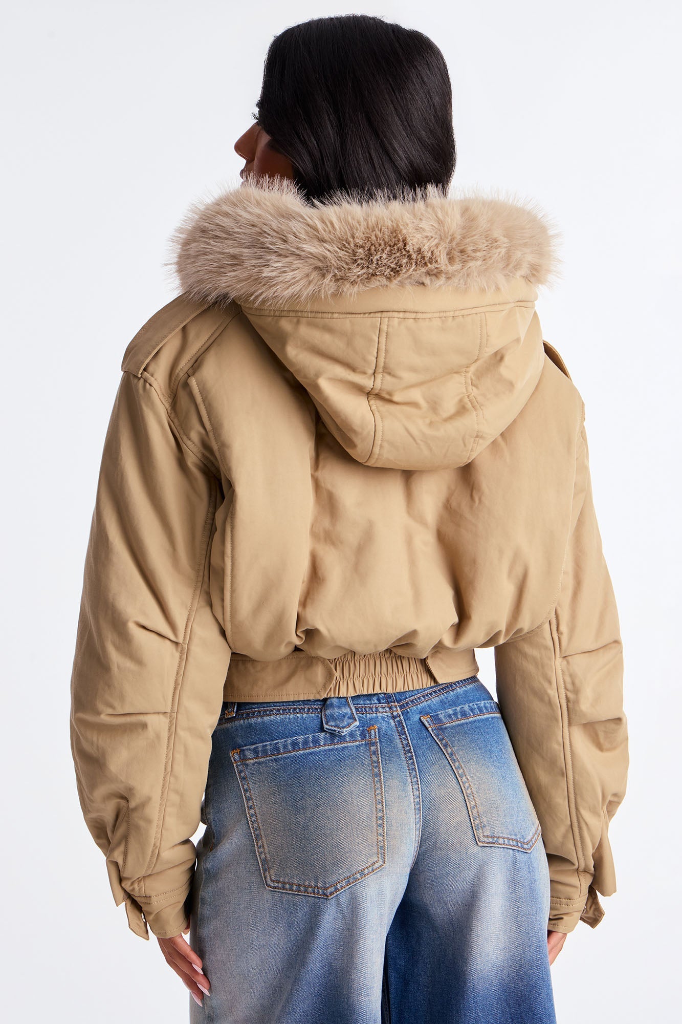 Burr Effect Cropped Fur Trim Puffer Jacket - Khaki