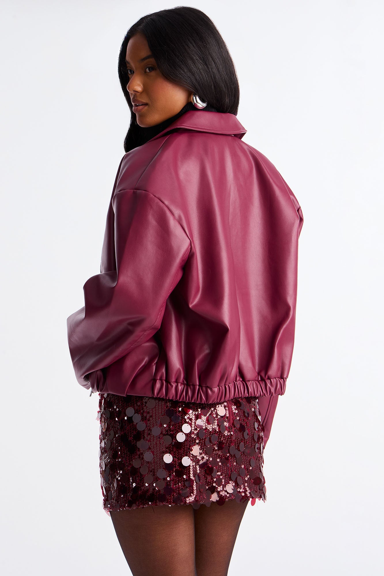 Iman It Girl Faux Leather Bomber Jacket - Burgundy