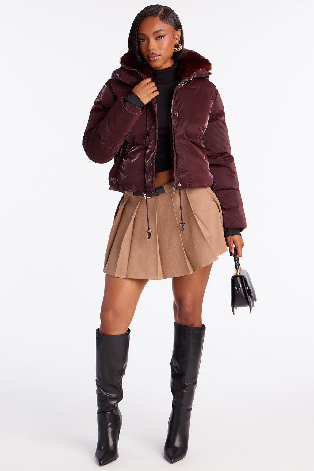 Snowed In Fur Trim Hooded Puffer Jacket - Wine