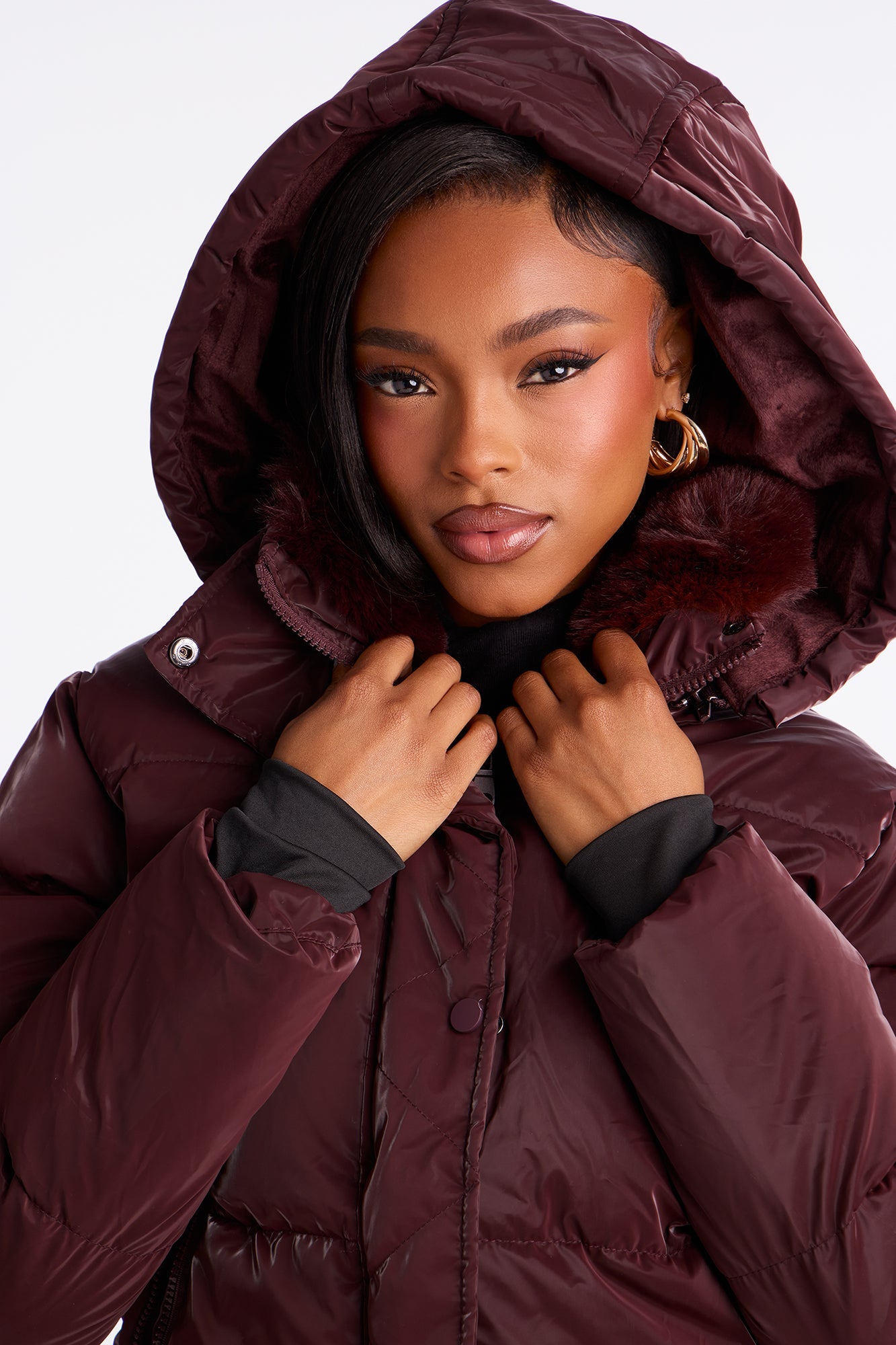 Snowed In Fur Trim Hooded Puffer Jacket - Wine