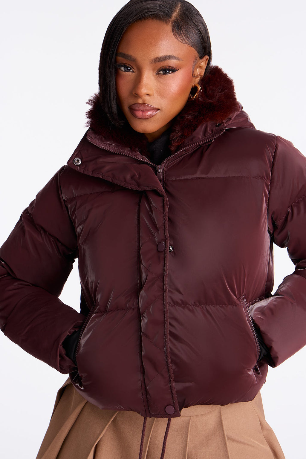 Snowed In Fur Trim Hooded Puffer Jacket - Wine