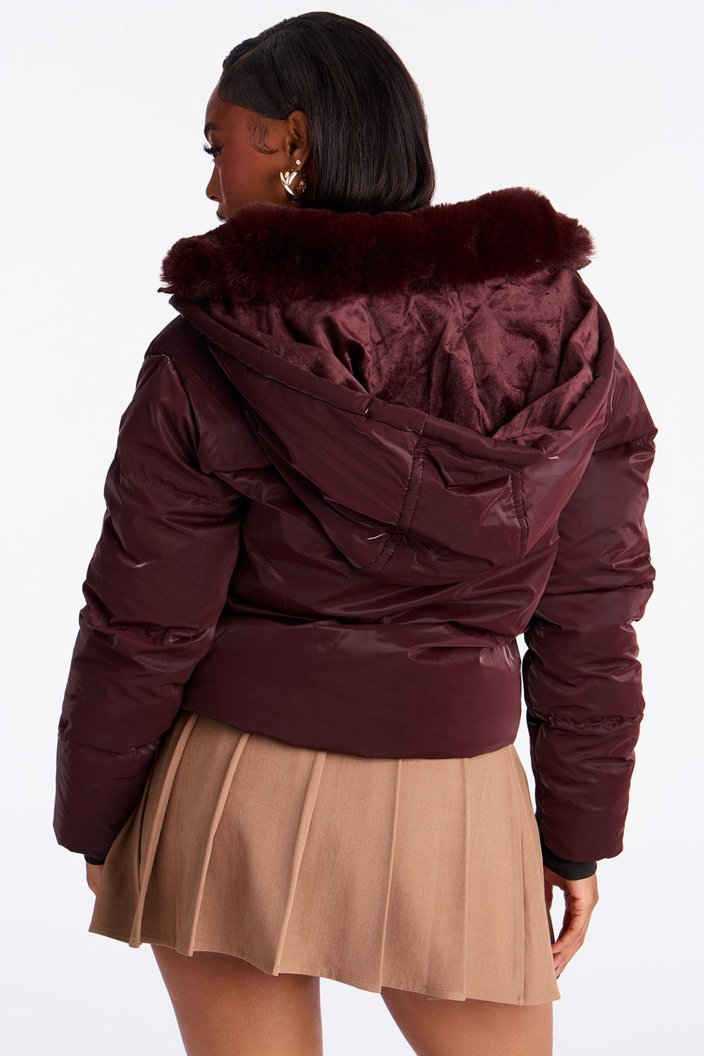 Snowed In Fur Trim Hooded Puffer Jacket - Wine