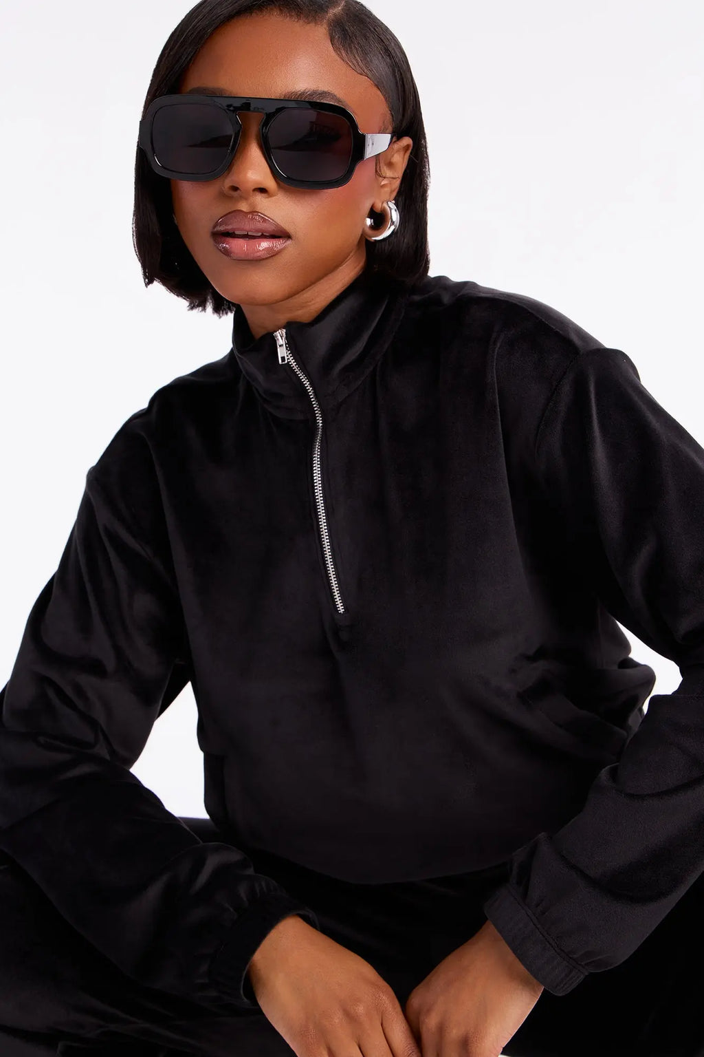 Pause For Now Quarter Zip Velour Pant Set - Black 