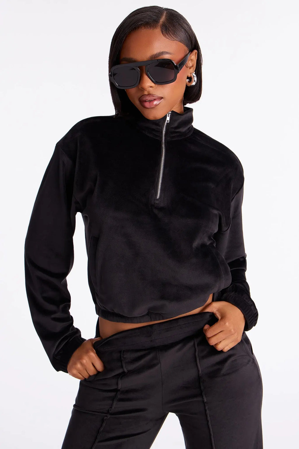 Pause For Now Quarter Zip Velour Pant Set - Black 