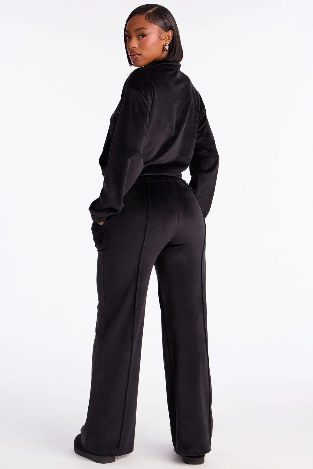 Pause For Now Quarter Zip Velour Pant Set - Black 