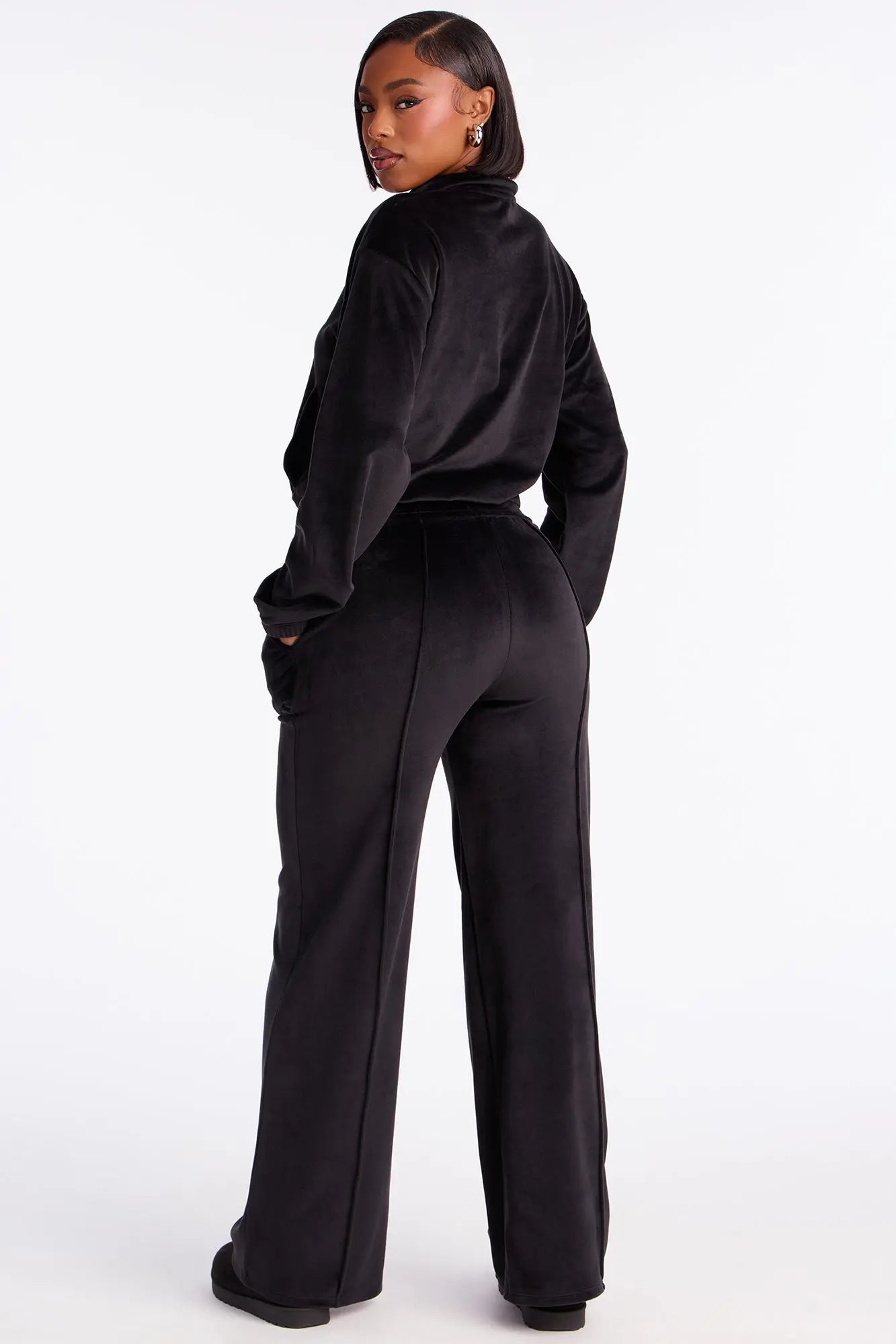 Pause For Now Quarter Zip Velour Pant Set - Black 