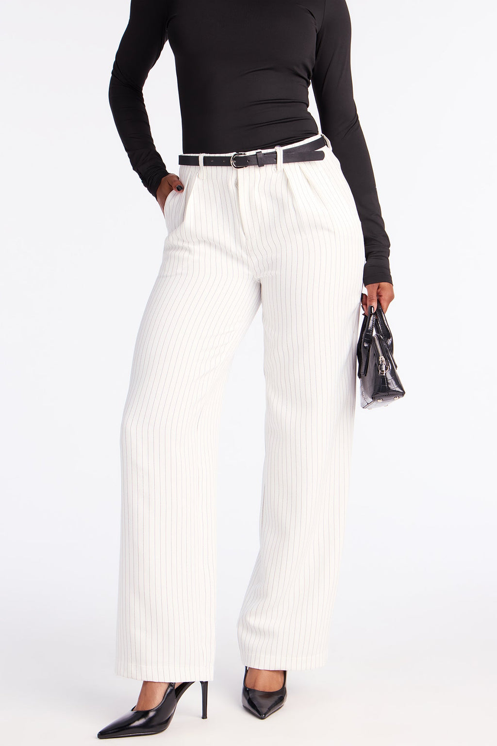 Make A Statement Belted Pinstripe Trouser Pant 31.5 - Off White