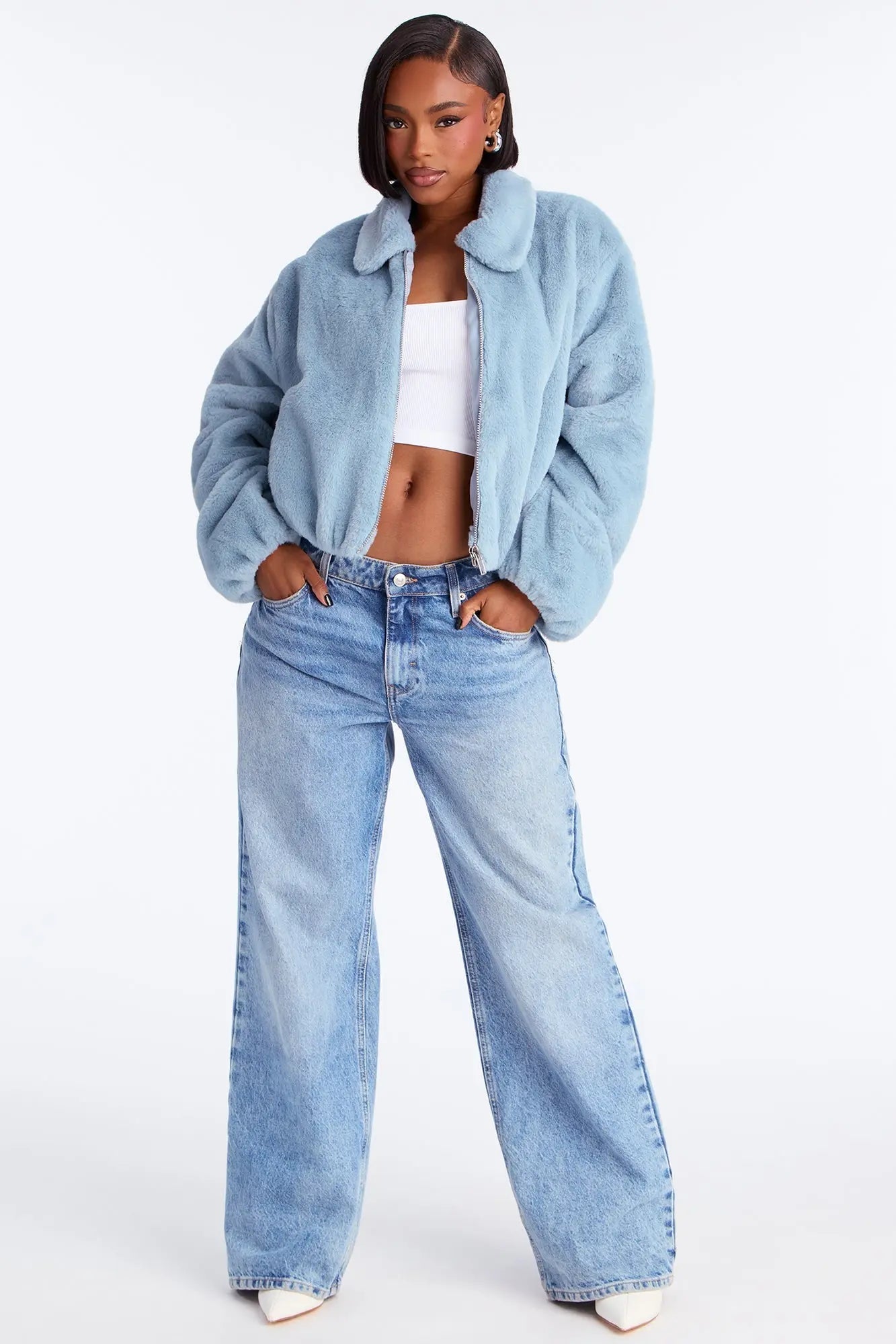 By My Side Faux Fur Bomber Jacket - Slate Blue 