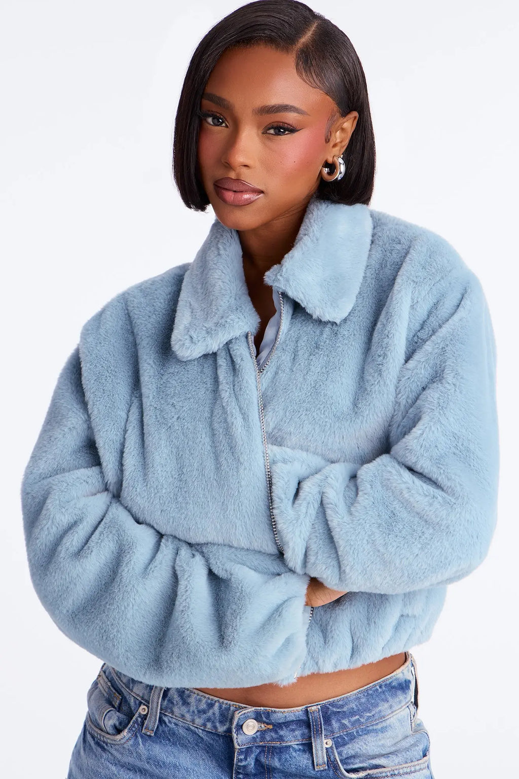 By My Side Faux Fur Bomber Jacket - Slate Blue 