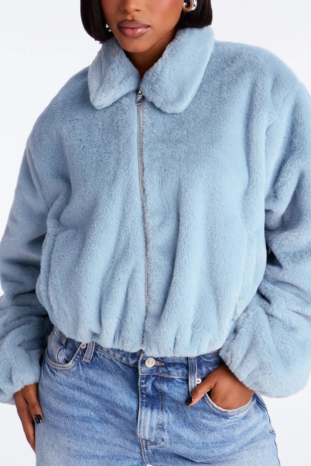 By My Side Faux Fur Bomber Jacket - Slate Blue 