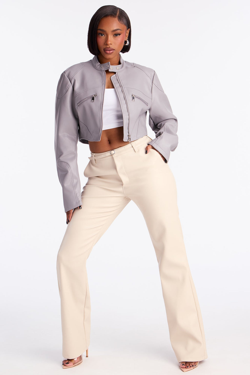 Mina Cropped Faux Leather Moto Jacket - Grey