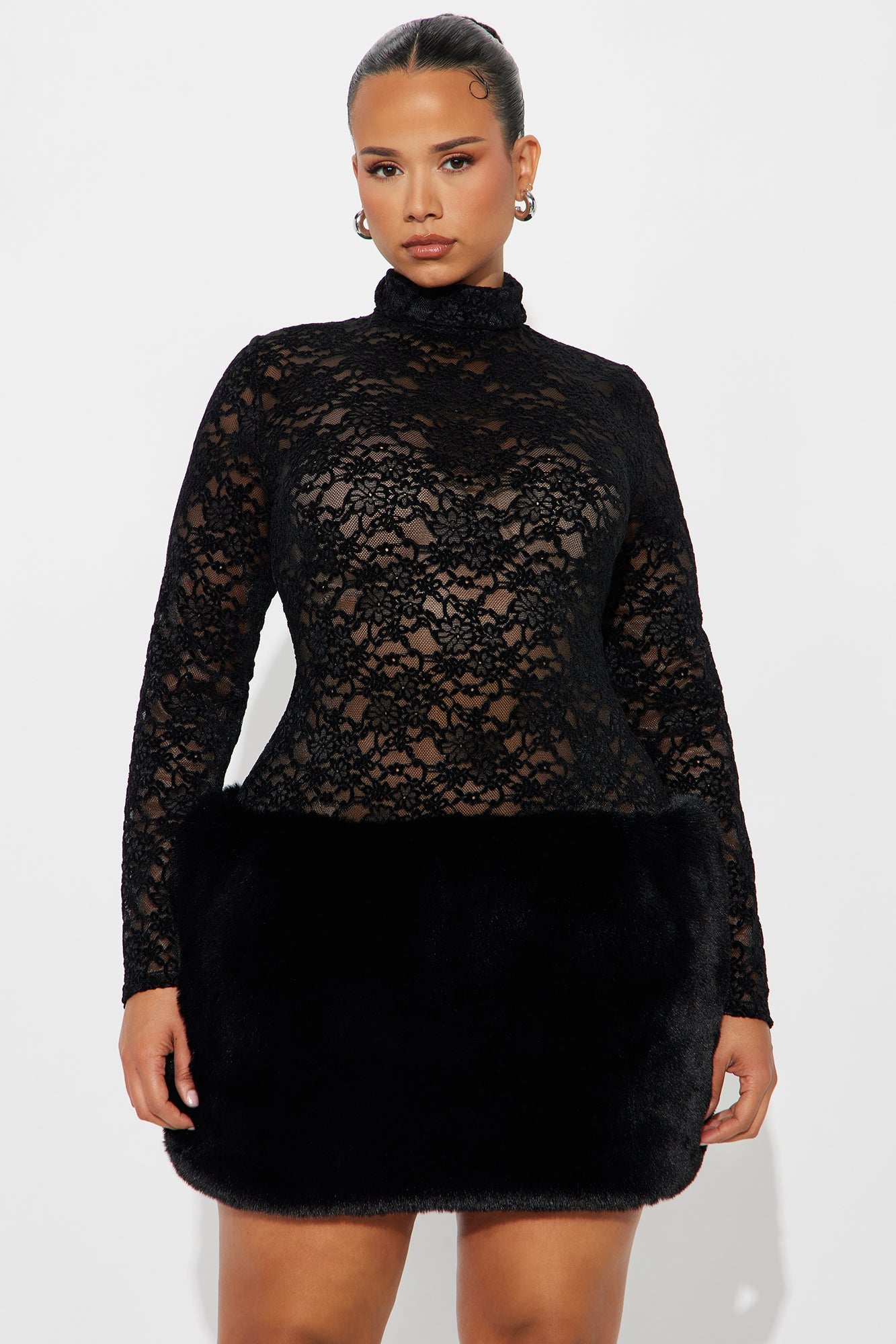 If You Had My Love Fur Trim Lace Mini Dress - Black