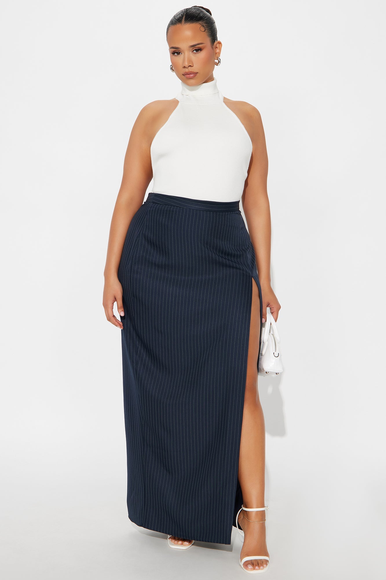 Briefcase Baddie Pinstripe Maxi Skirt - Navy/combo