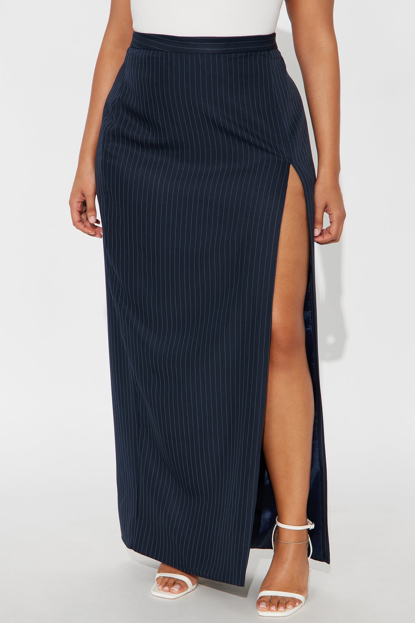 Briefcase Baddie Pinstripe Maxi Skirt - Navy/combo