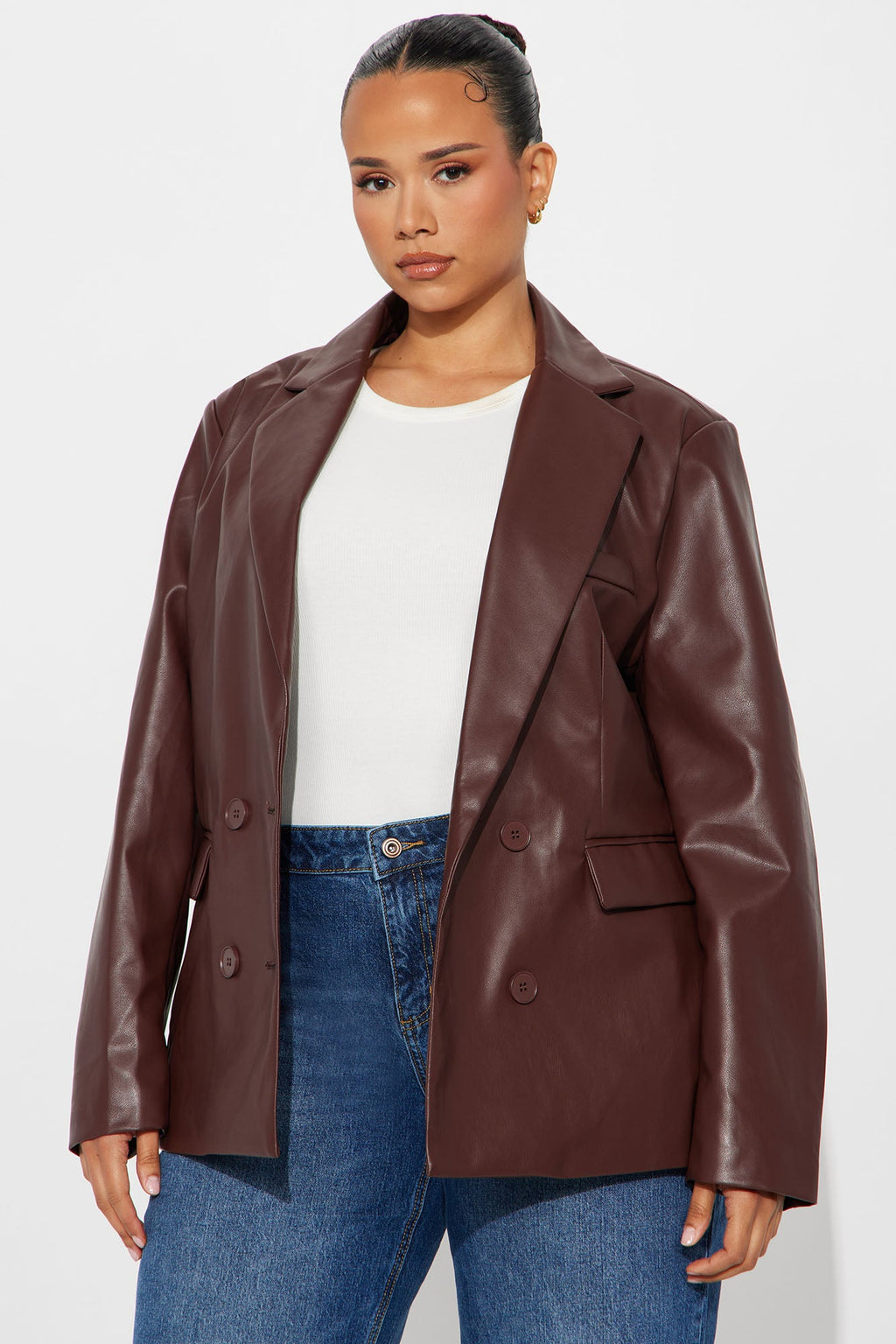 Eren Faux Leather Fitted Blazer - Burgundy
