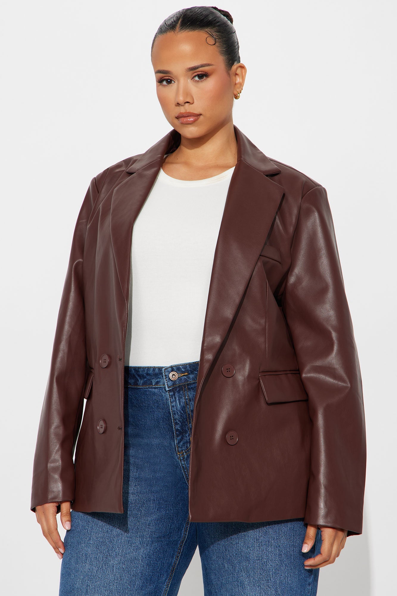 Eren Faux Leather Fitted Blazer - Burgundy