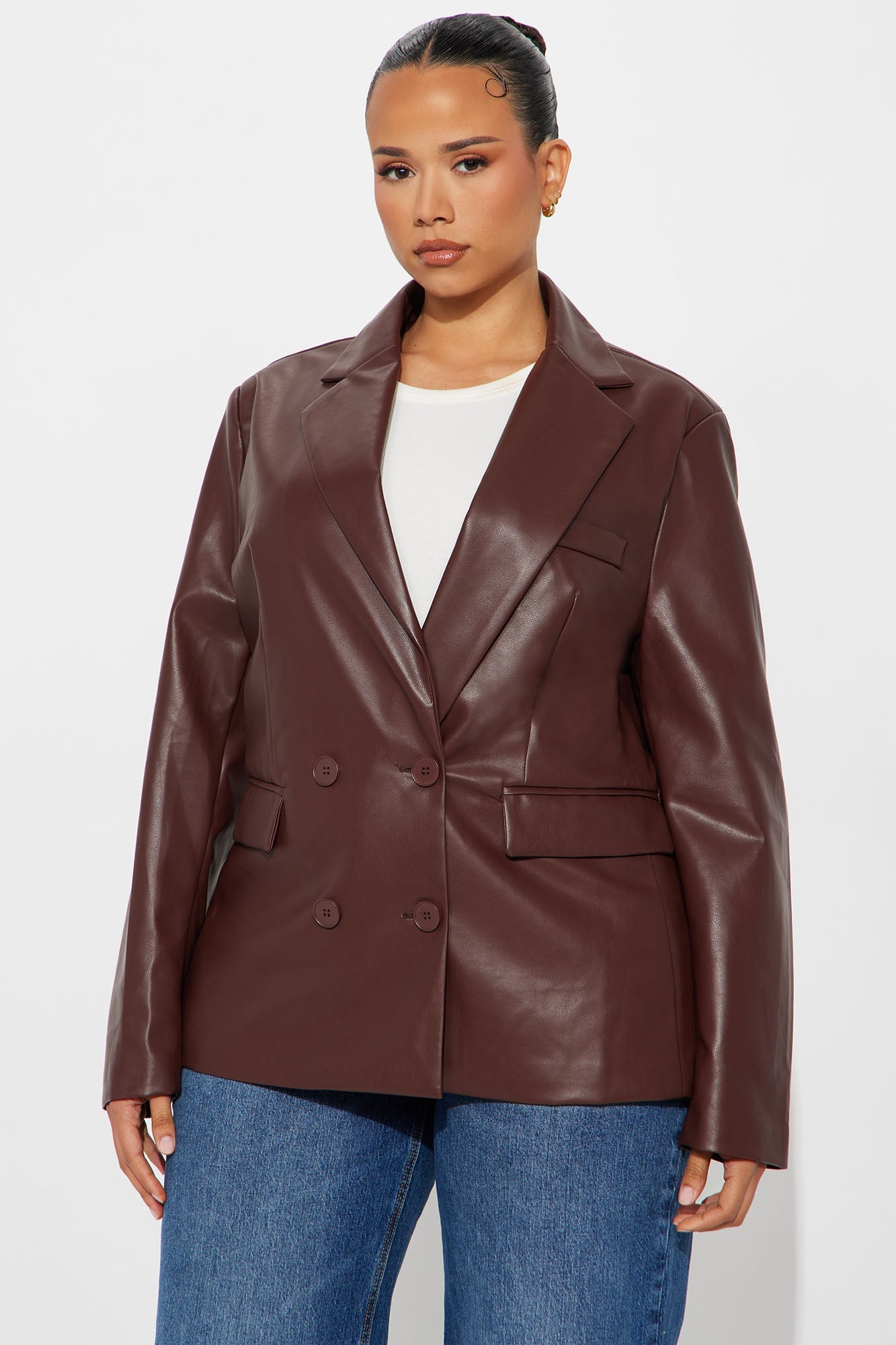 Eren Faux Leather Fitted Blazer - Burgundy