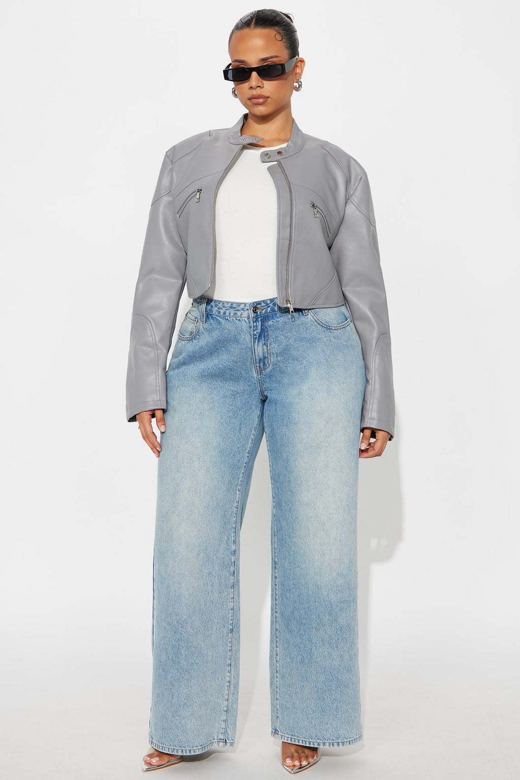 Mina Cropped Faux Leather Moto Jacket - Grey