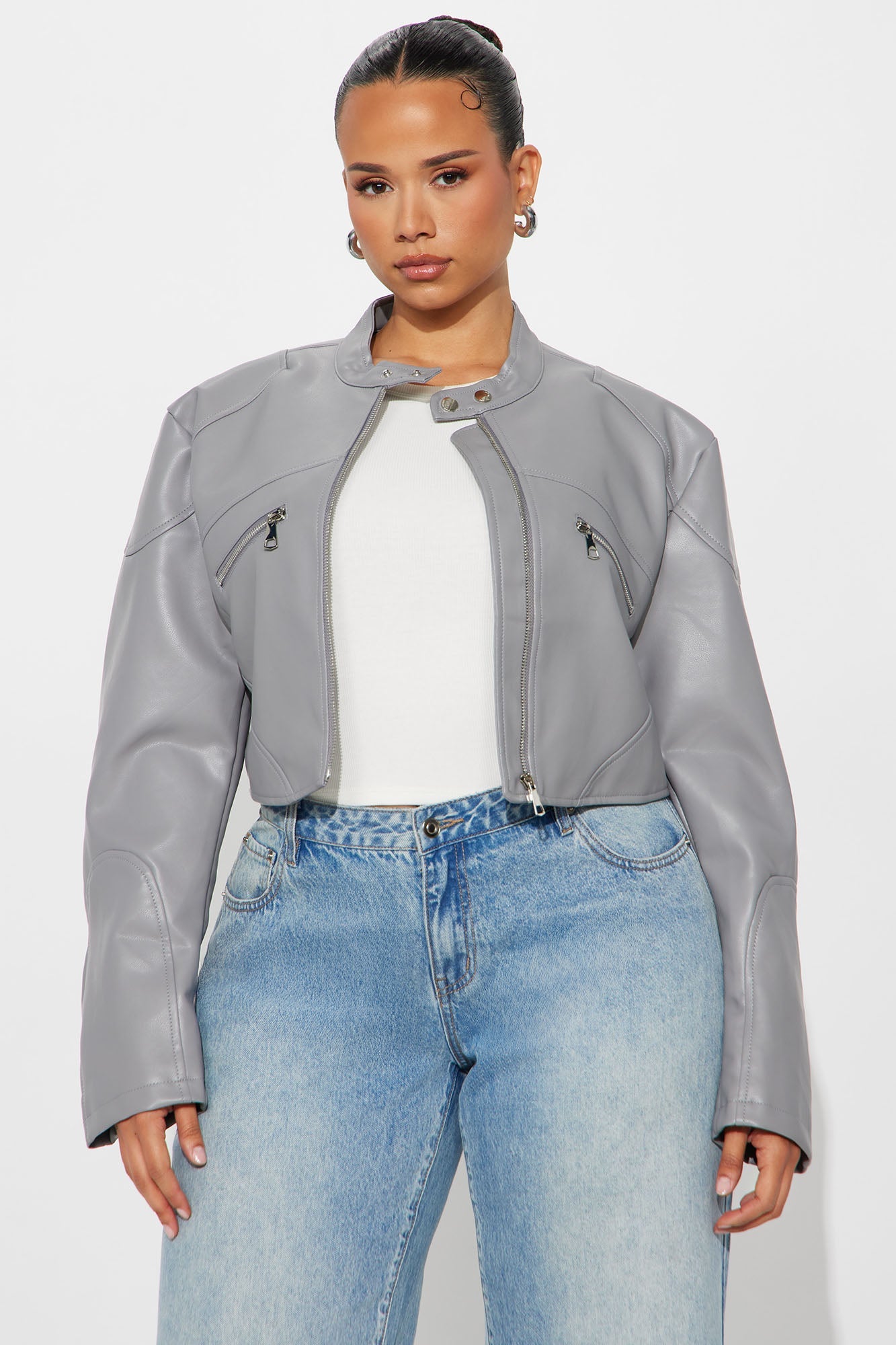 Mina Cropped Faux Leather Moto Jacket - Grey