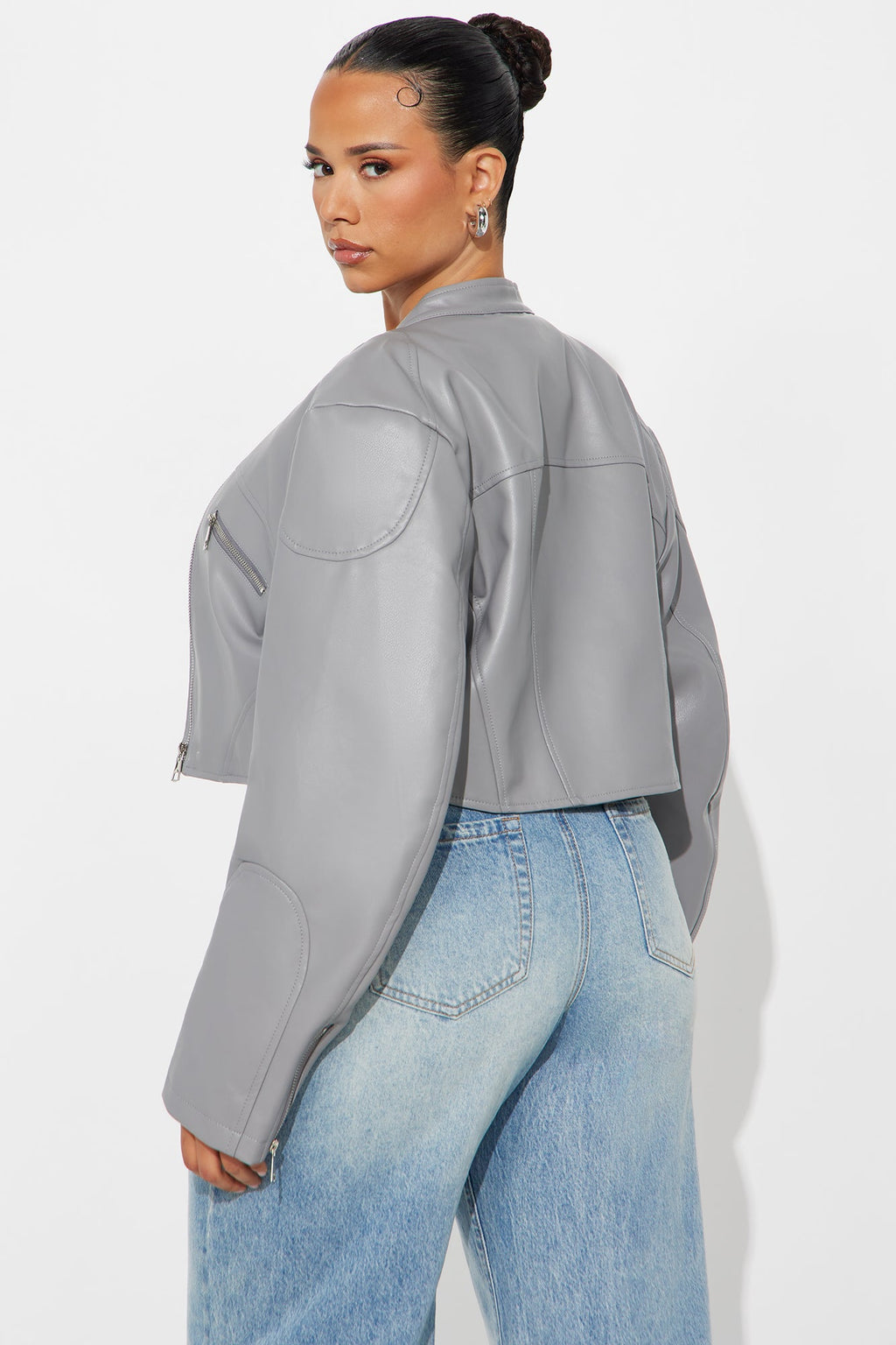 Mina Cropped Faux Leather Moto Jacket - Grey