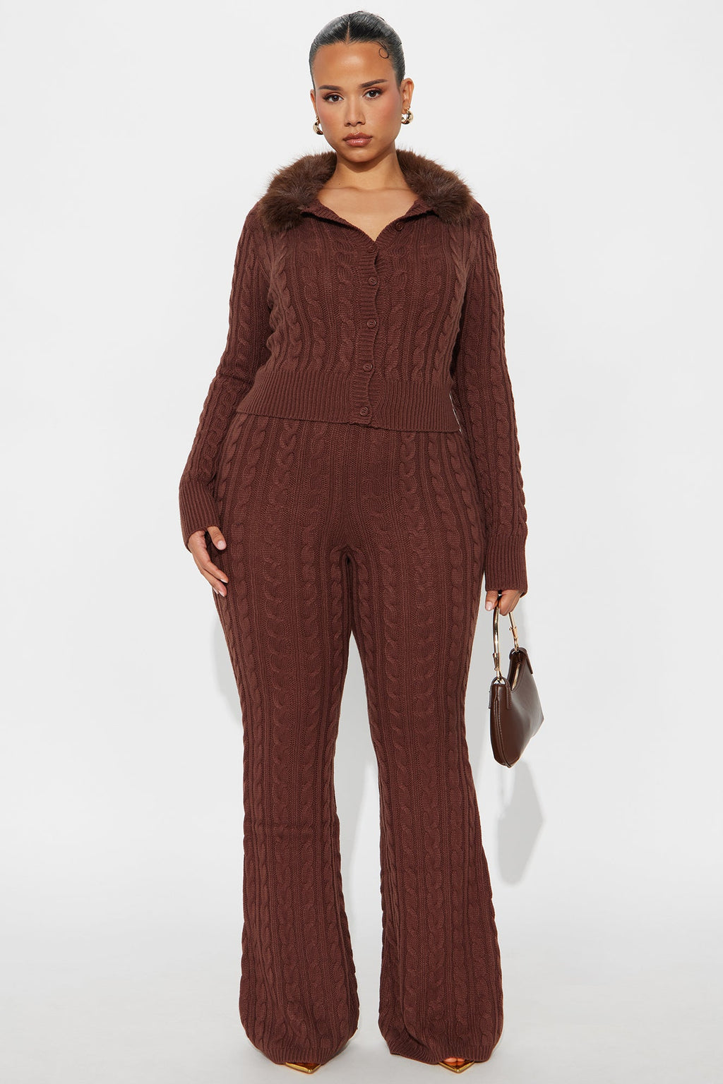 Focus On Us Faux Fur Collar Sweater Pant Set - Chocolate 